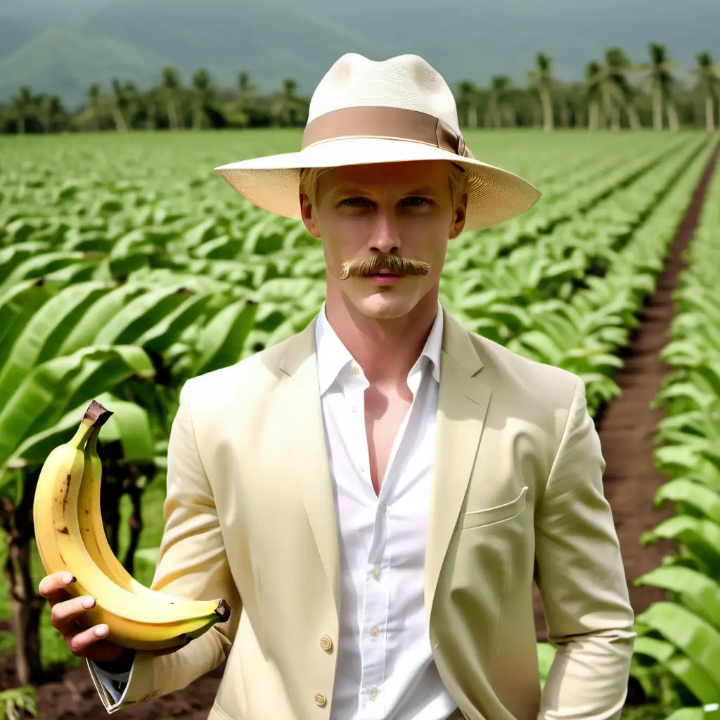 handsome white blond man, blond moustache, elegant banana republic attire, panama hat, banana, South America, banana plantation, day