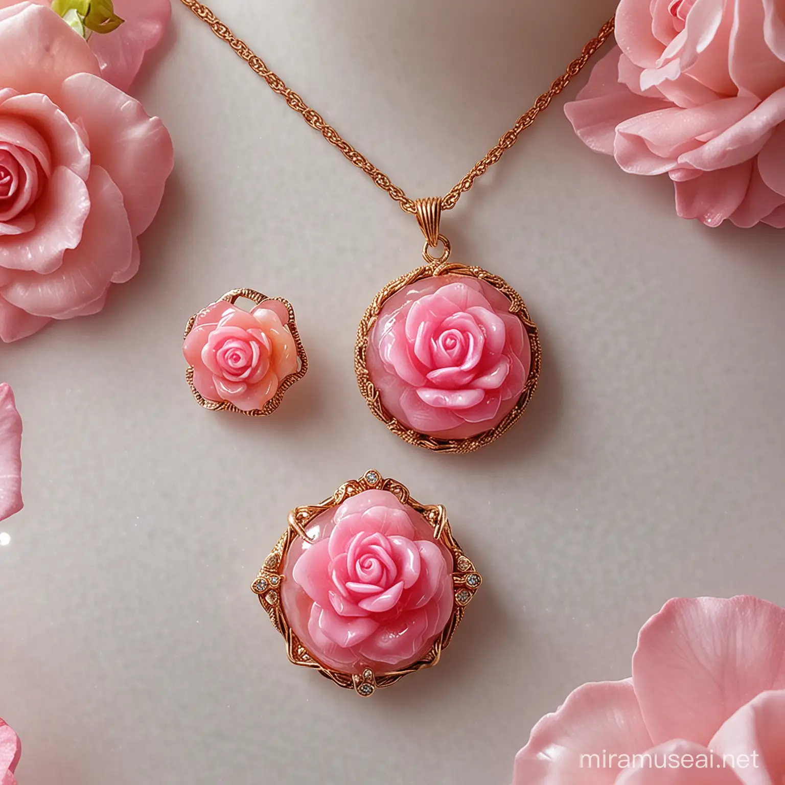 FIRE AGATE Jewelry,  Necklace, Rings and earrings.Razzie dazzie rose The image is a close-up of a pink rose.