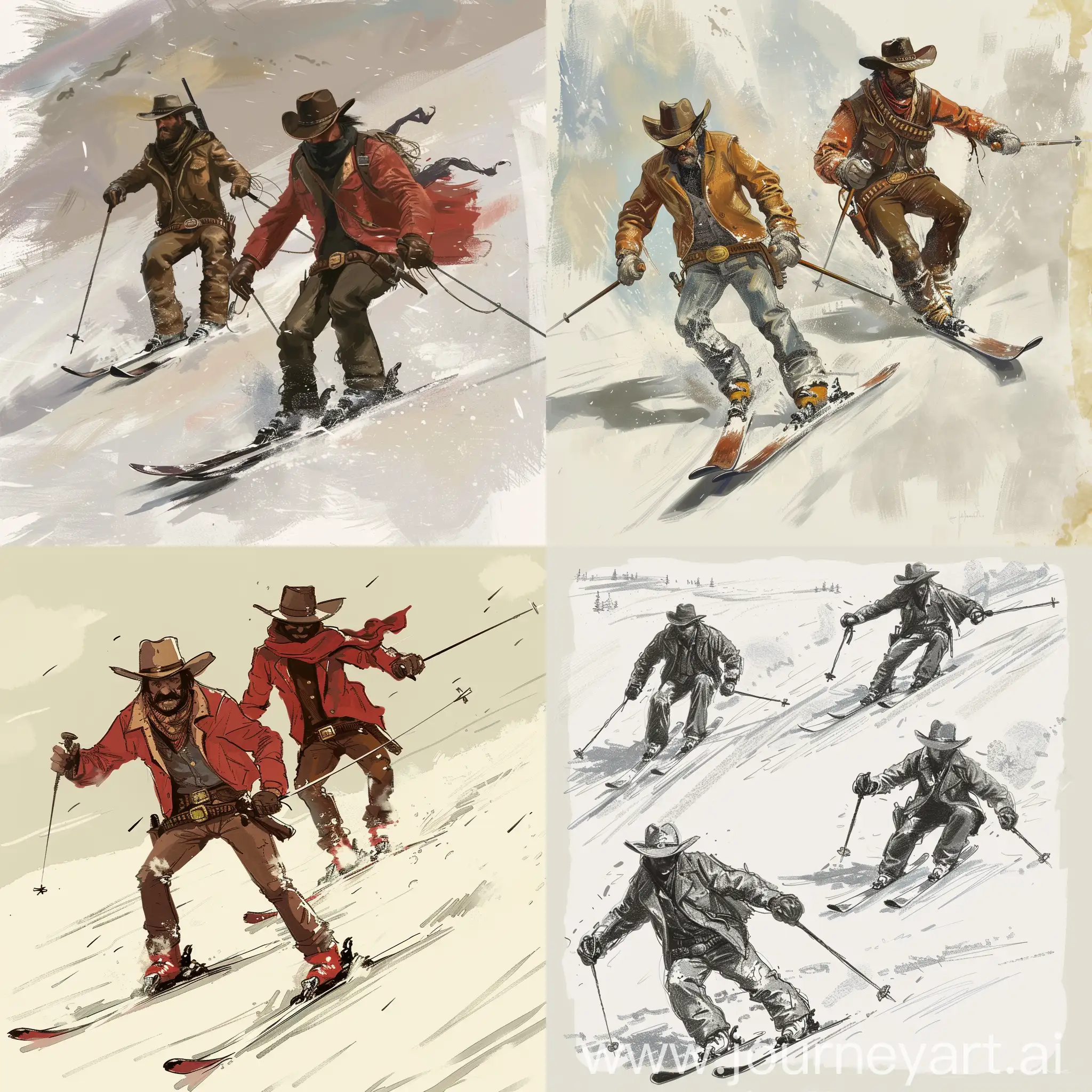 Draw Cowboys who are skiing.RDR2 style

