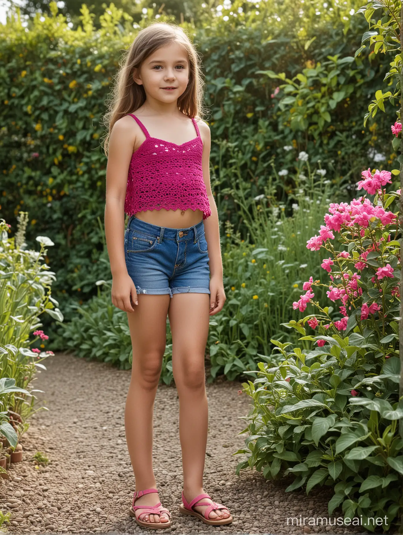 7YearOld Girl Wearing Fuchsia Crochet Top and Denim Skirt in Garden