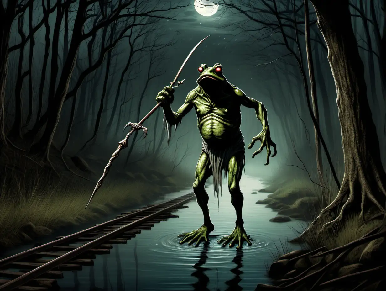 The loveland frog-man terrifying cryptid monster holding a spear emerging from a creek behind a guard rail on the side of a forest road at night.