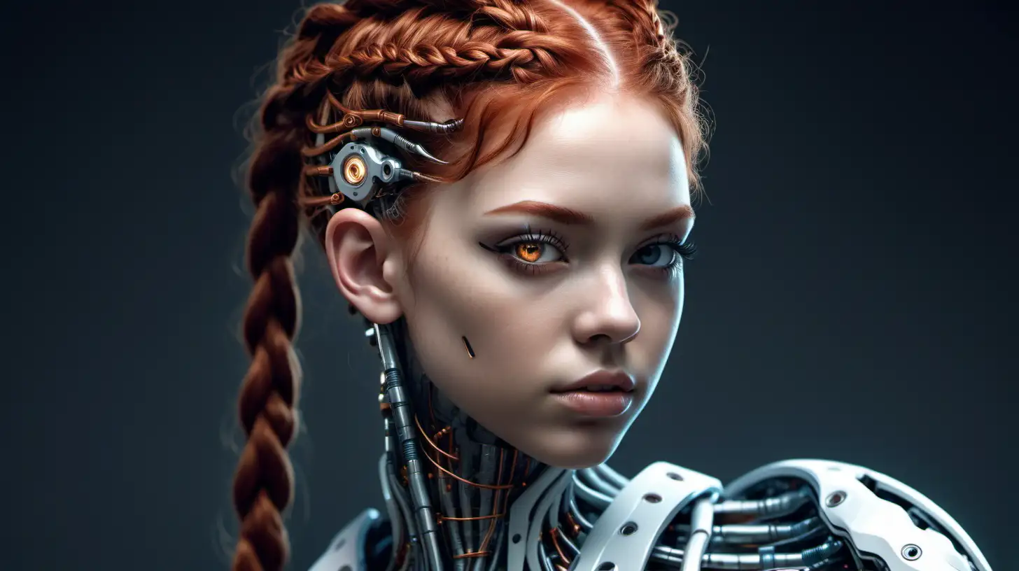 Photo realistic. Gorgeous cyborg woman, 18 years old. She has a cyborg face, but she is extremely beautiful.  She has sixty futuristic braids. She has reddish hair. She is european, she is of white race.