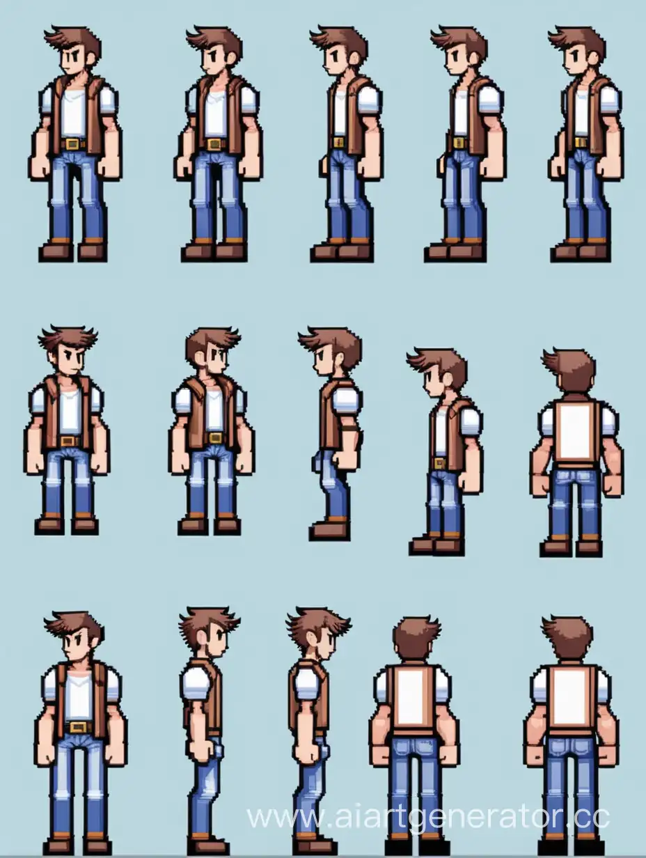 Sprite, pixel, pixel art character sheet, male, pixel art style, multiple views of the same character