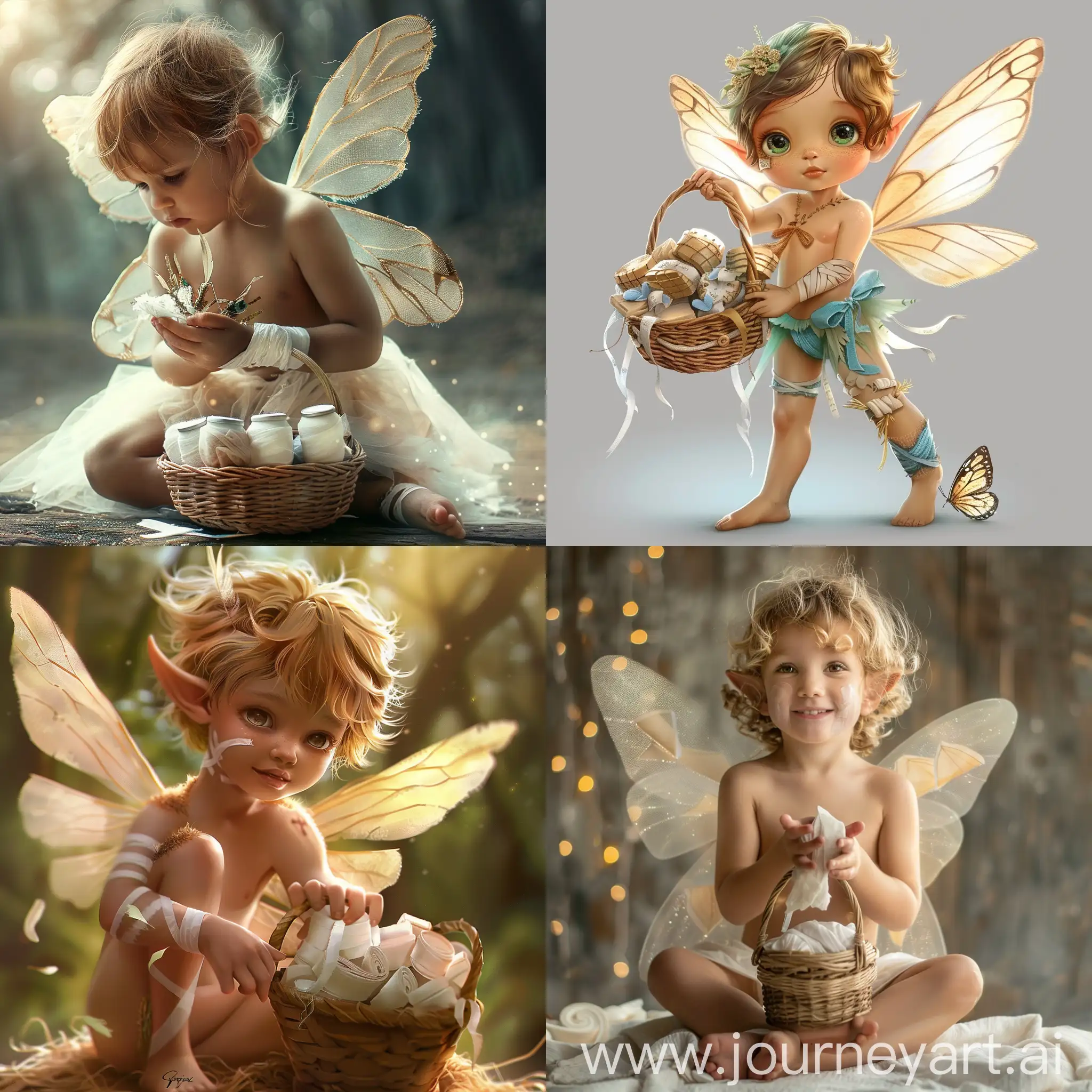 cute fantasy fairy kid with small basket full of bandages