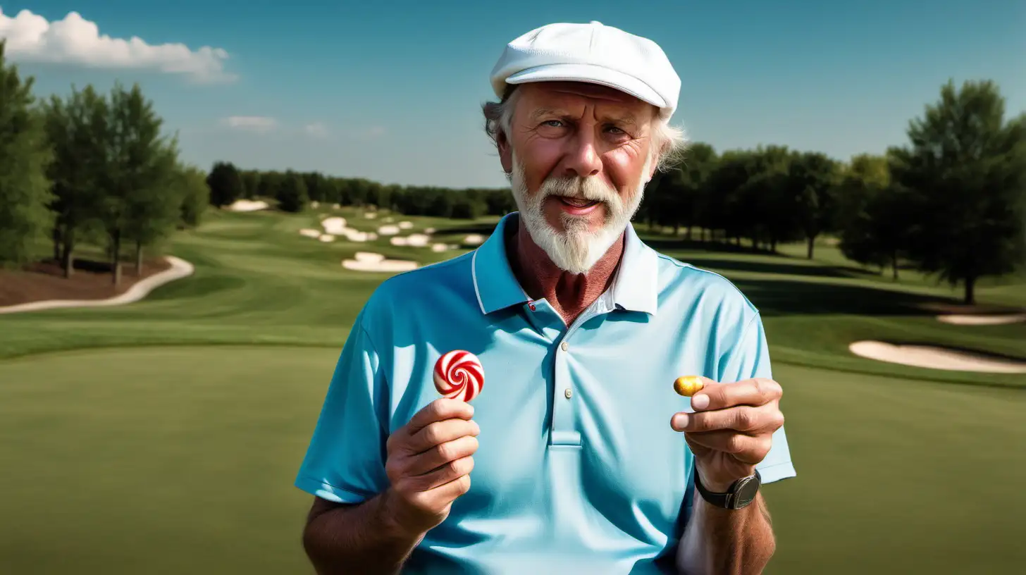 Handosome American man of 40 years on golf course. He offers a single candy.