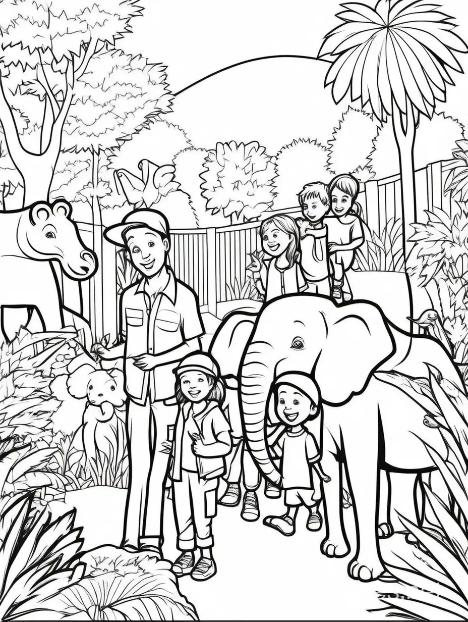 A cheerful scene of families, couples and children enjoying a day at the zoo, surrounded by colorful animals and lush greenery., Coloring Page, black and white, line art, white background, Simplicity, Ample White Space. The background of the coloring page is plain white to make it easy for young children to color within the lines. The outlines of all the subjects are easy to distinguish, making it simple for kids to color without too much difficulty
