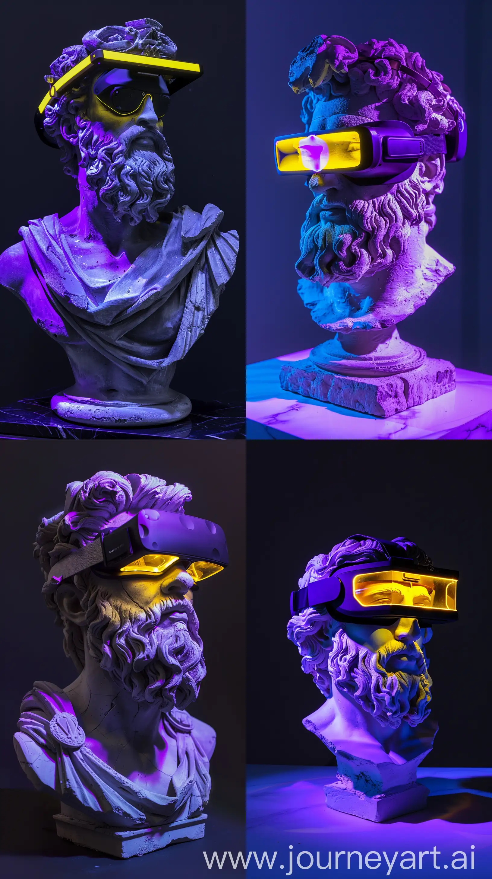 A Plaster Sculpture of Zeus, Black VR Glasses With Yellow LED, Purple Light Reflections on Sculpture, Dark Background, Dreamy Pose, Medium Shot, High Precision --v 6.0 --ar 9:16
