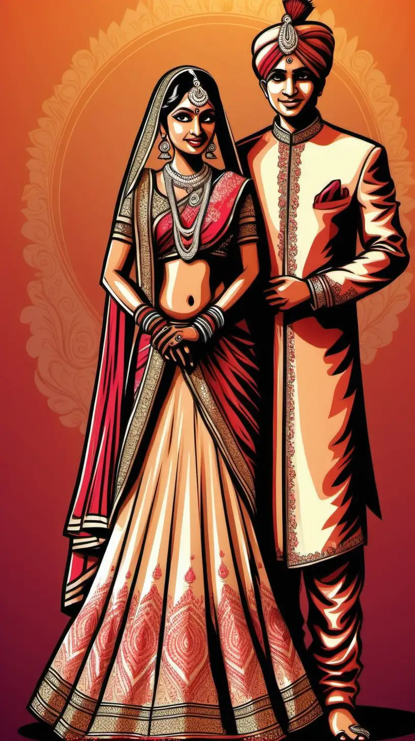 Indian Bride and Groom in Elegant Vector Style Wedding Illustration