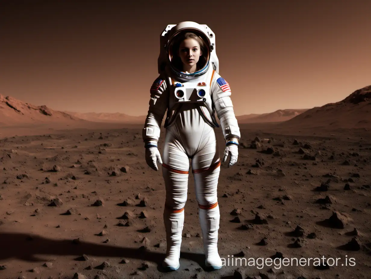 An astronaut girl stands on Mars