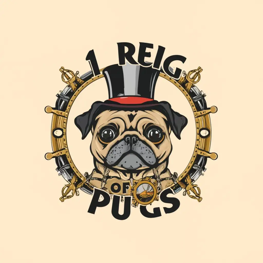 a logo design,with the text "1 reich of pugs", main symbol:pug nasi with framethower,Moderate,clear background