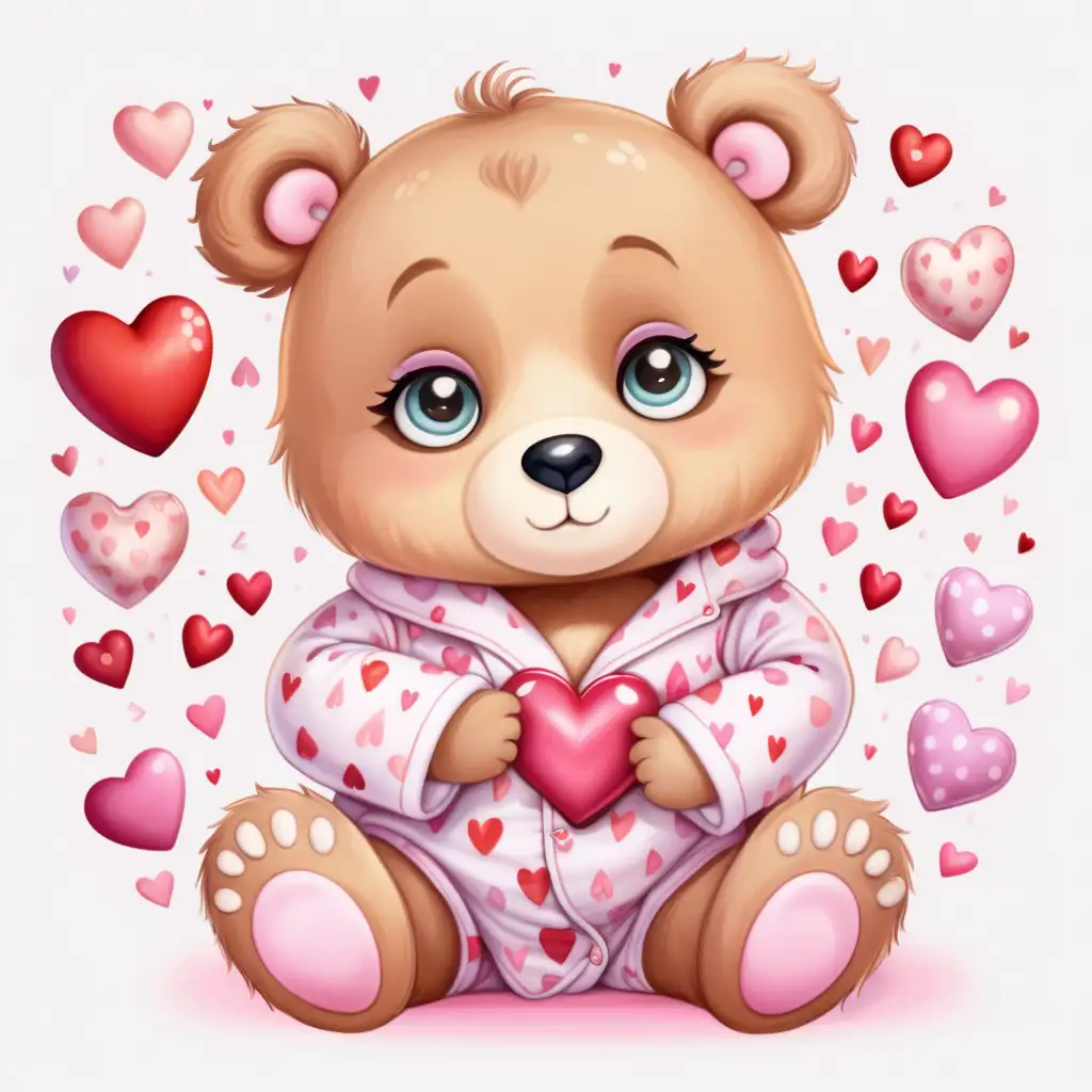 whimsical, fairytale, bright,colorful
,cartoon, cute pastel baby bear, big eyes,with glowing heart on the belly, wearing pyjamas,beautiful valentine background,   with valentine hearts around, sticker,white background