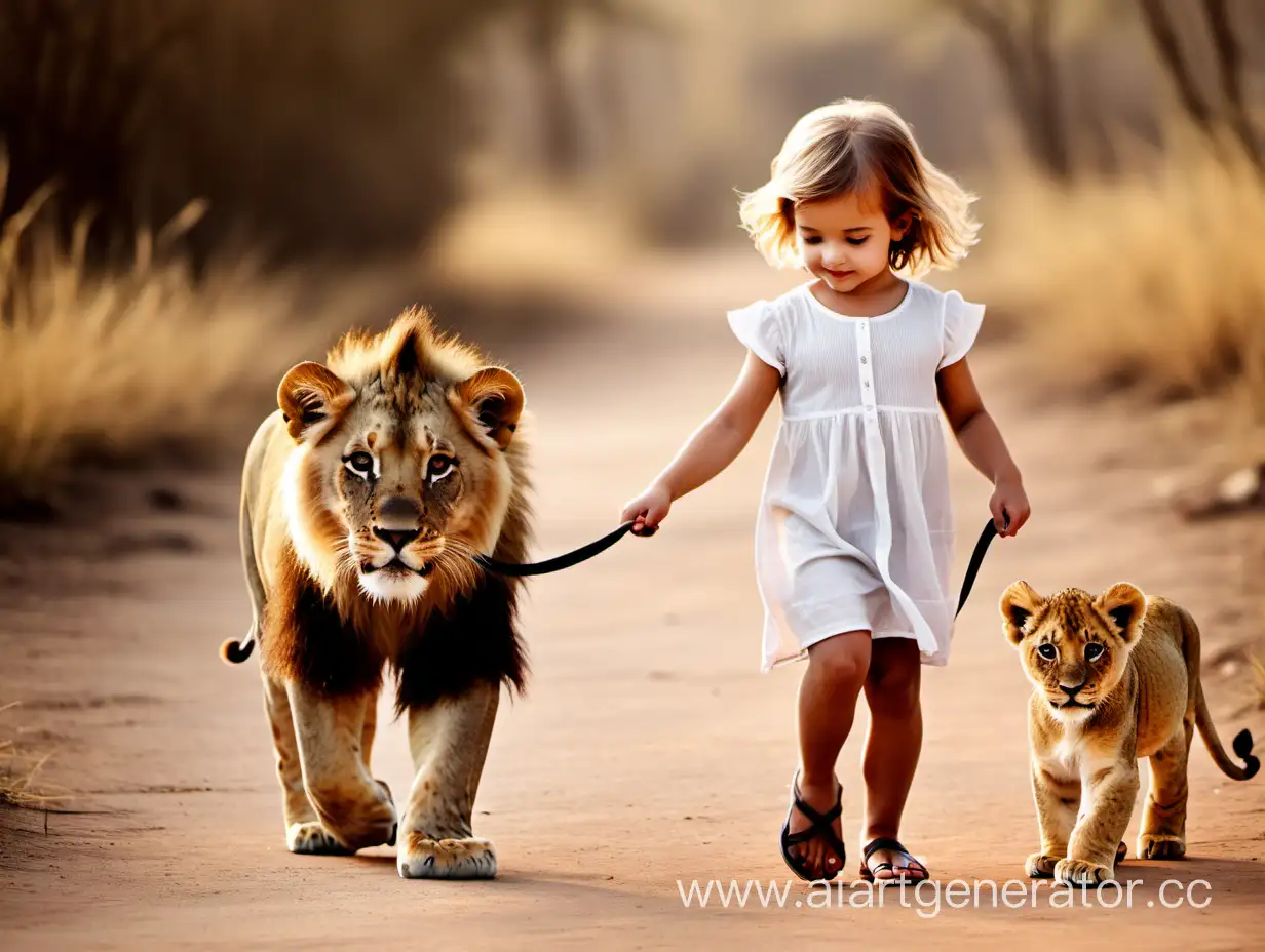 маленькая девушка гуляет с маленьким львёнком.