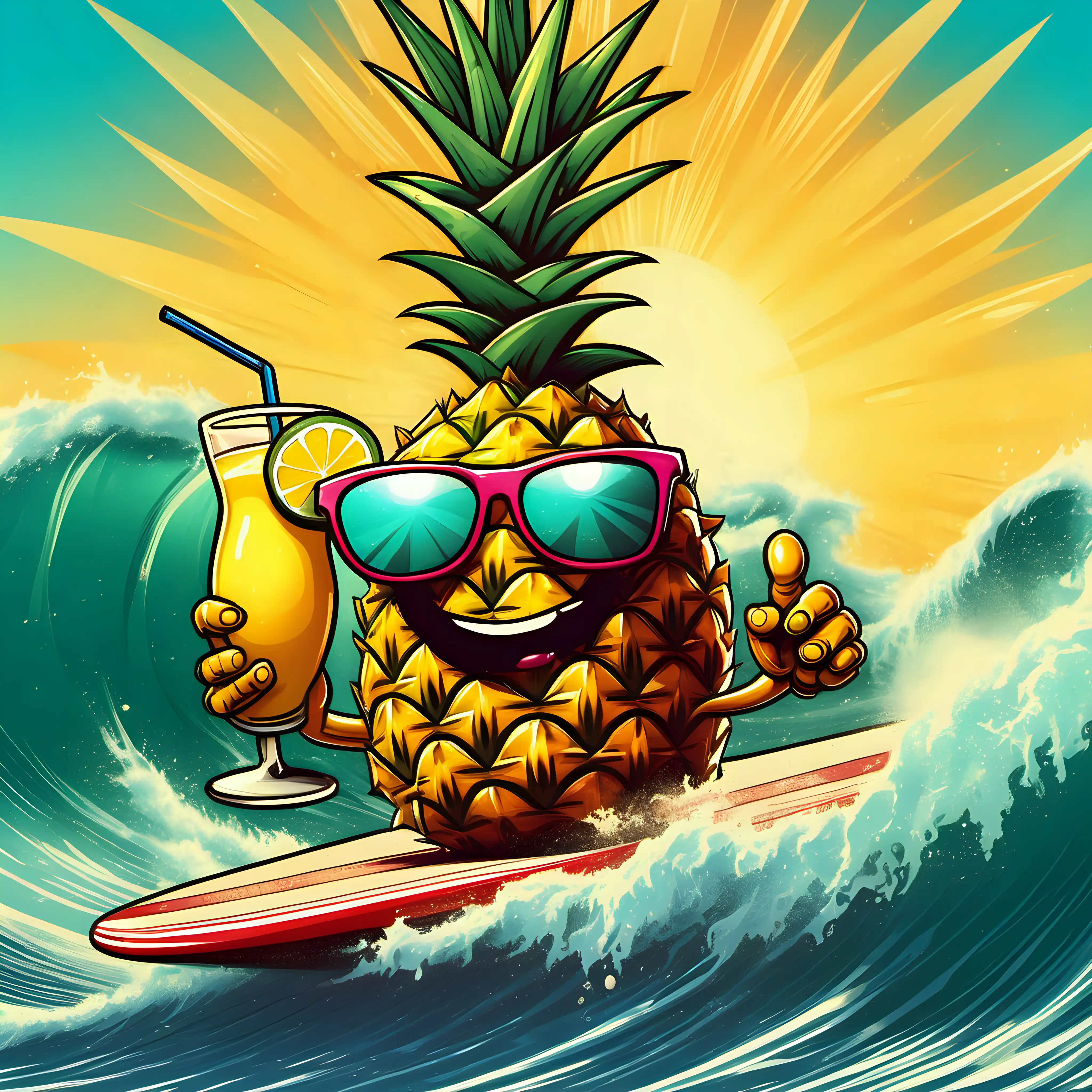 A cheerful pineapple riding a massive wave on a surfboard. The pineapple is wearing stylish sunglasses and holding a margarita drink in one hand. The sun shines brightly overhead, casting a warm glow on the scene. The waves crash behind the pineapple as it balances effortlessly on the surfboard.