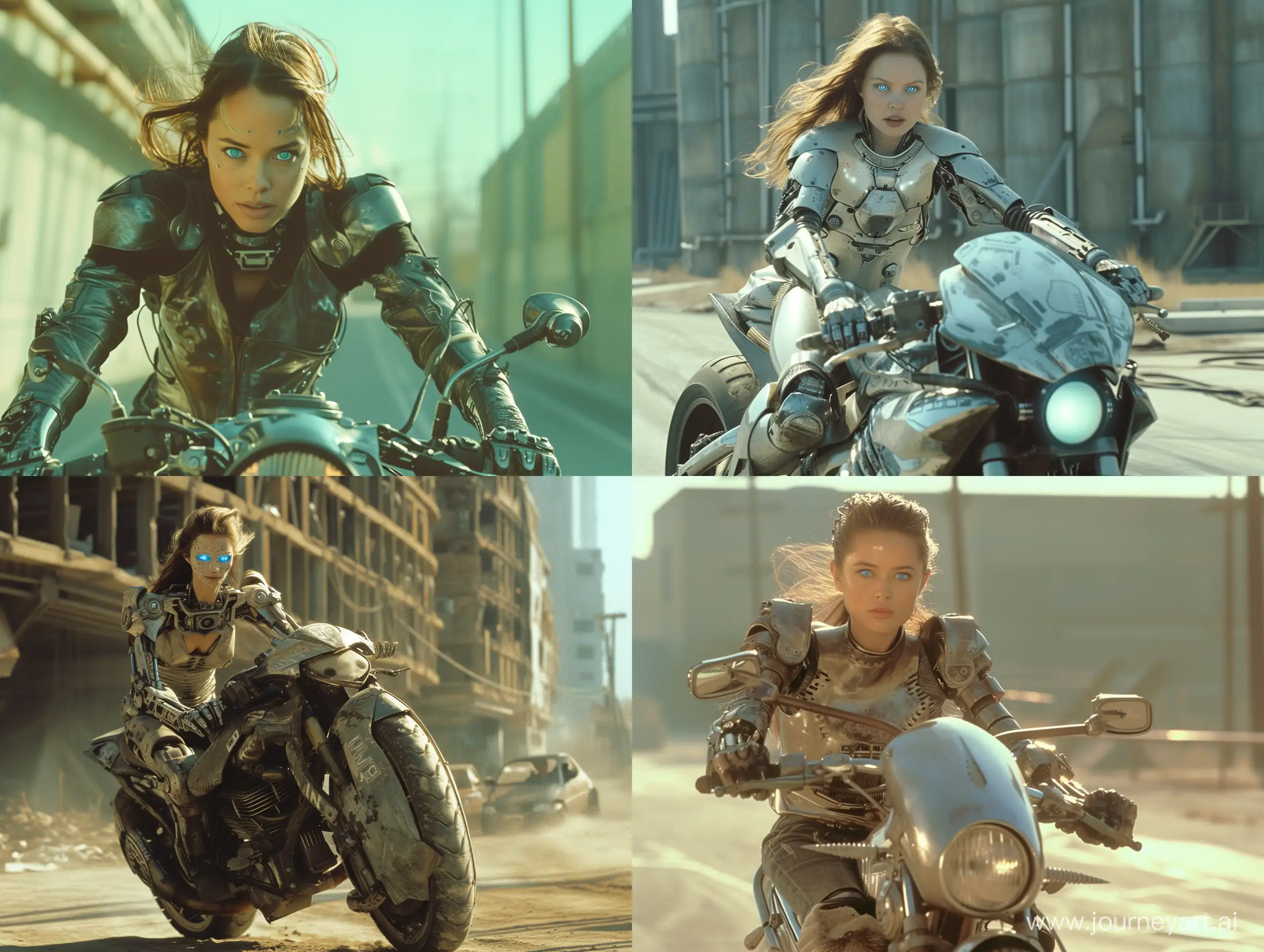 a old 2000s sci fi movie still of a  cyborg woman riding on her motorcycle, nostalgia, blue eyes, open area, full body, outside city environment, dystopian,
