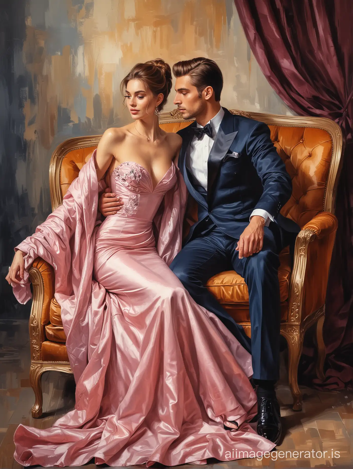luxury, colors, modern style, a man in a jacket sits in an armchair, next to stands a woman in an evening dress, putting her hand on the man's shoulder, the painting is made in the artistic style of oil paints