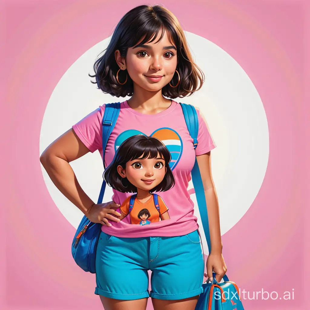 Caricature of Isabela Merced as Dora wearing a pink T-shirt, orange shorts and a blue shoulder bag.