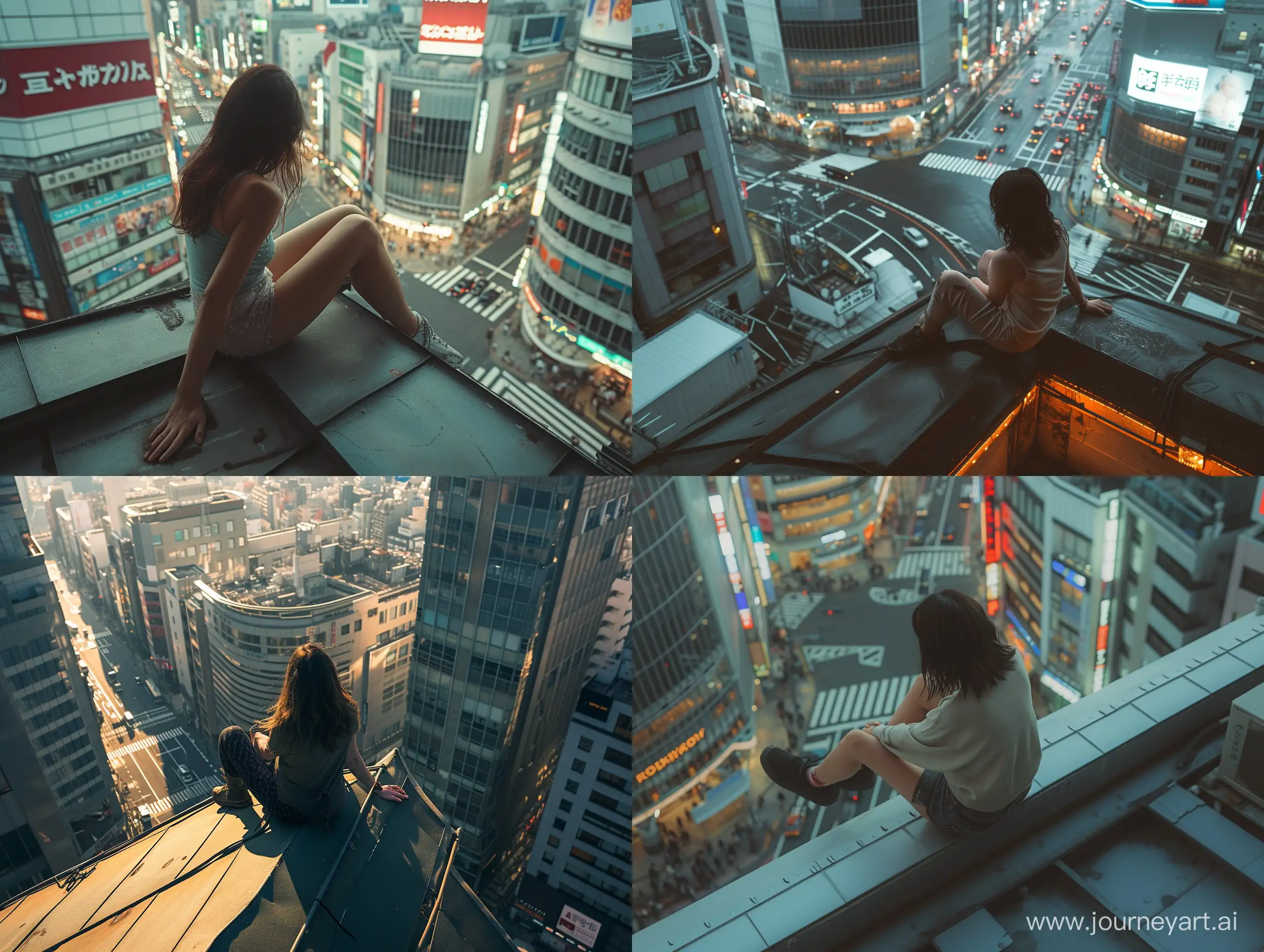 a photo showcasing a 1st person view perspective of a woman sitting on a building roof, natural lighting, day time, environment, a bustling tokyo city, wide view, style raw, relaxing, weather,
