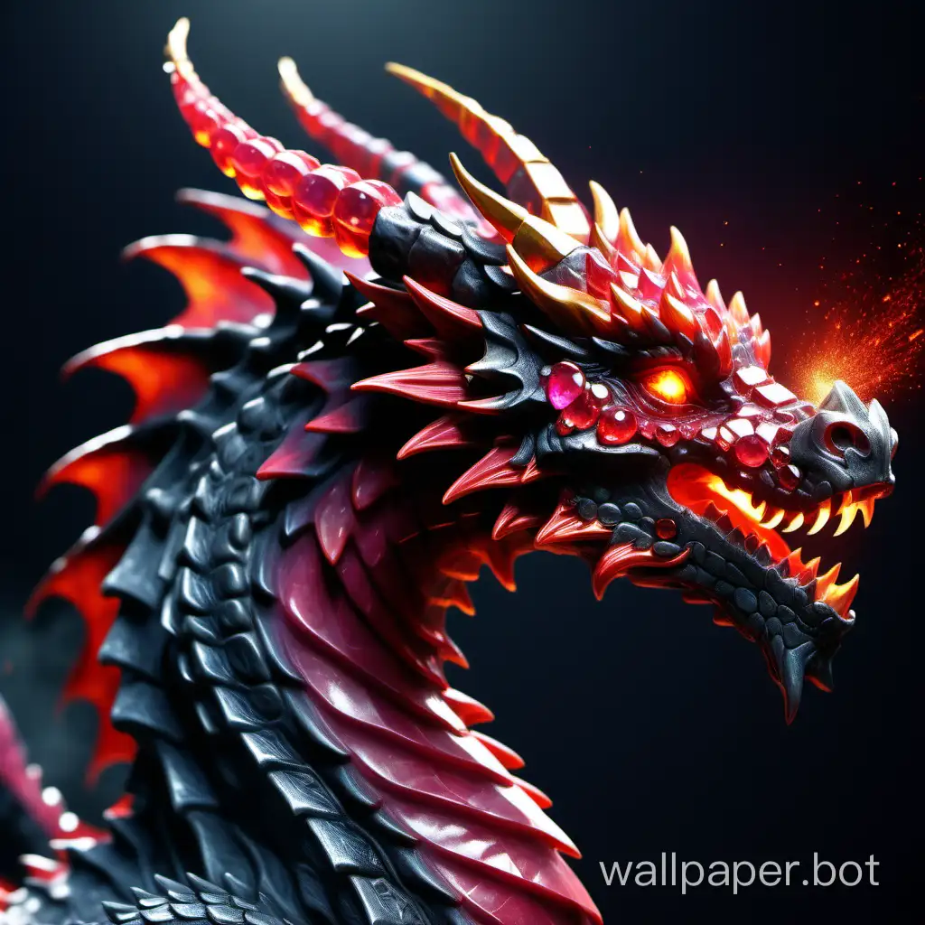 fiery dragon, in his forehead there is a sparkling stone, bright red ruby