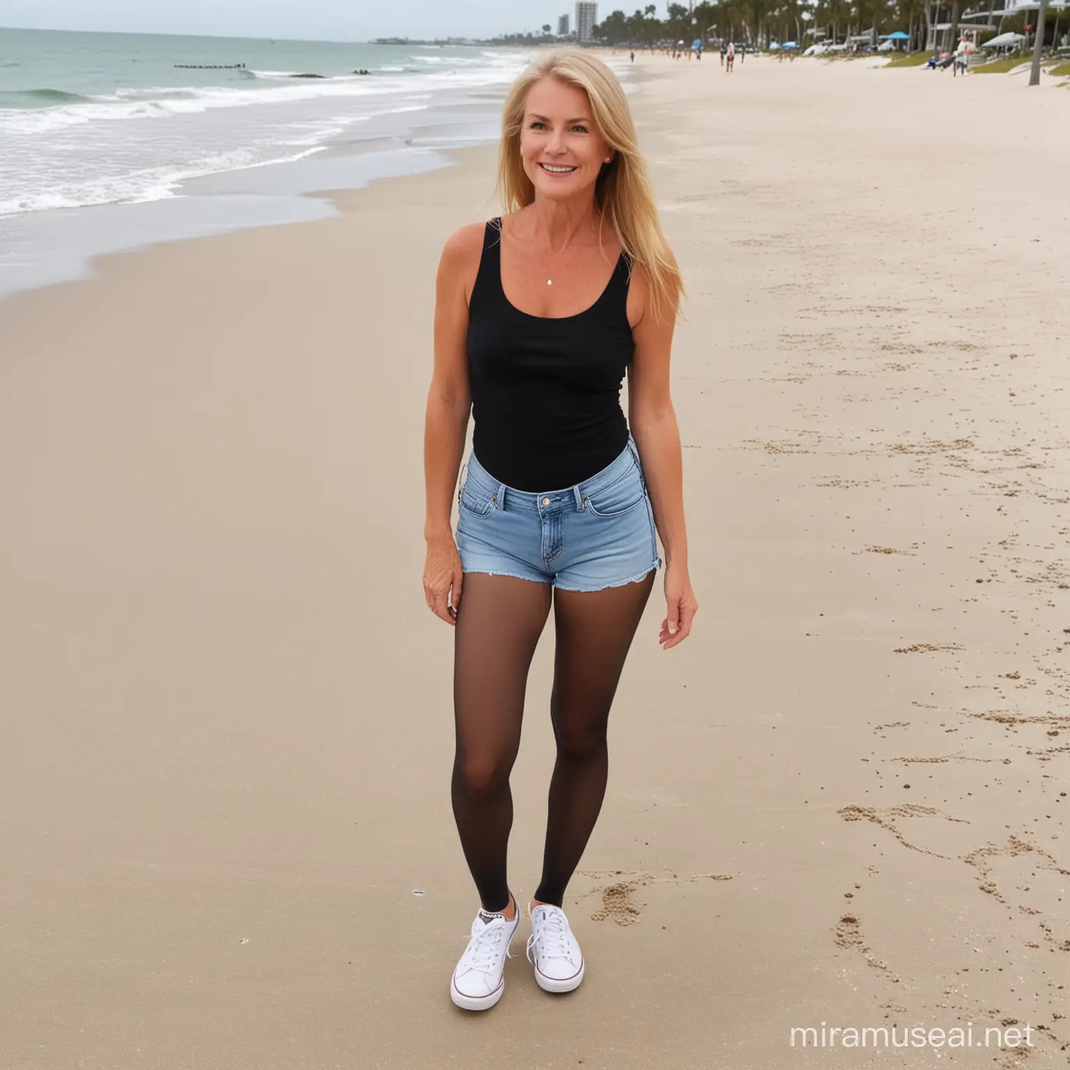 60 year old lady, straight golden blonde hair, parted in middle, black pantyhose nylon tights, denim jean shorts, black tank top , white keds sneakers, walking on sandy Florida beach