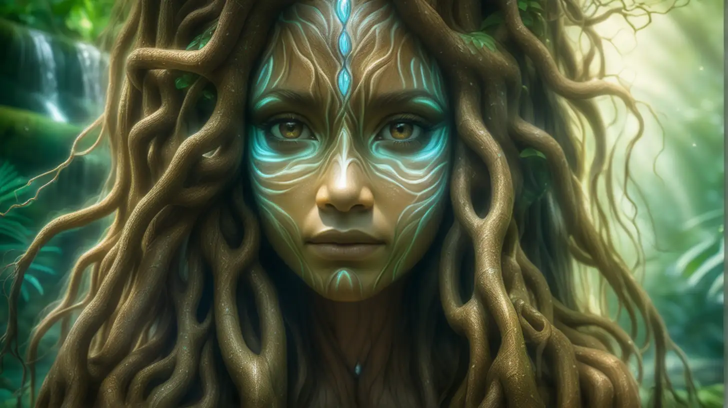 Beautiful woman Tree spirit in a rainforest, her hair is connected to the roots of the tree, water dazzling with light and subtle nuances. Close-up photograph details accentuated with a macro lens, revealing the texture and color nuances --ar 16:9 --style raw --v 6.0 