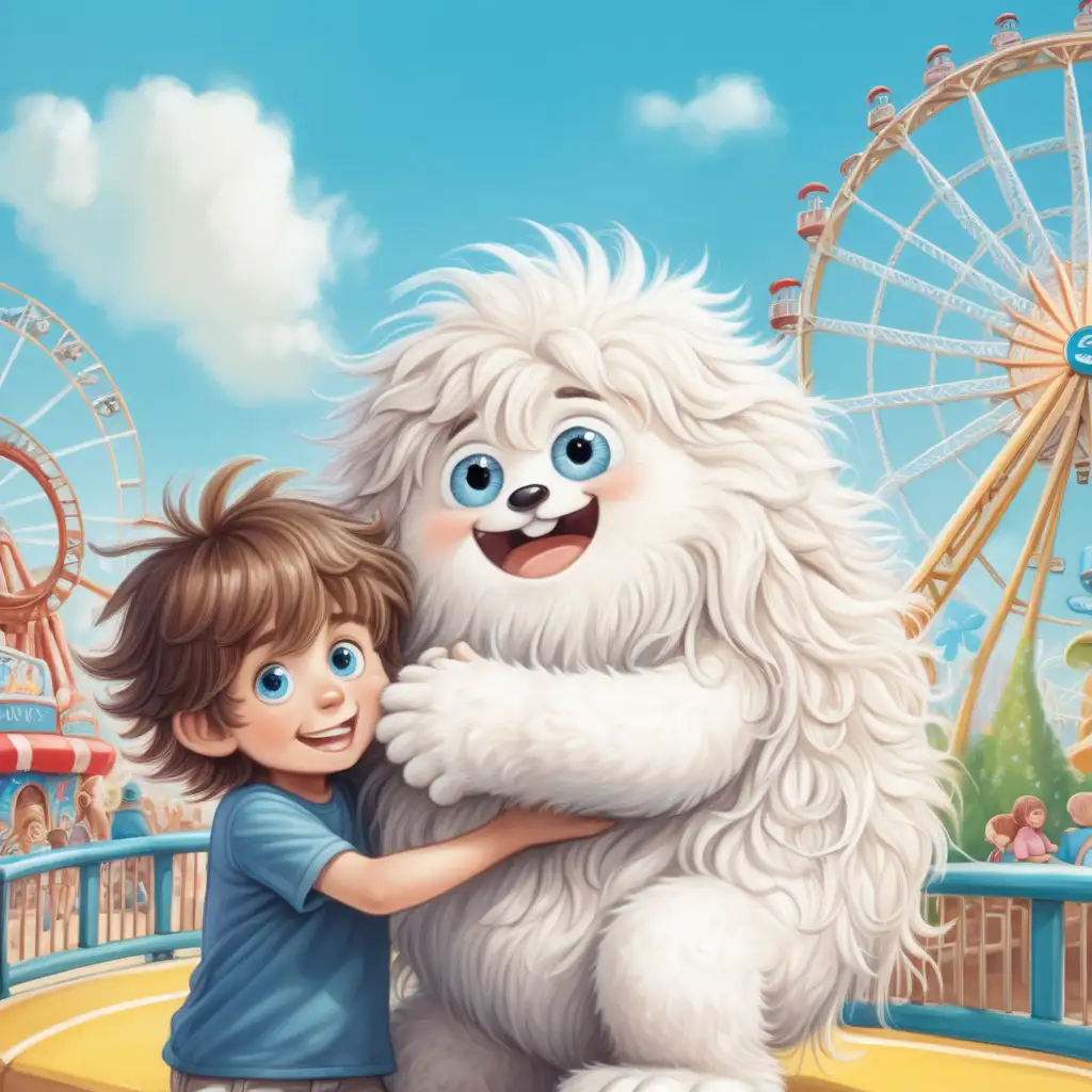 cute, small, happy, round fluffy white creature with long fluffy hair, googly blue eyes is hugging a little boy in a postcard from an amusement park