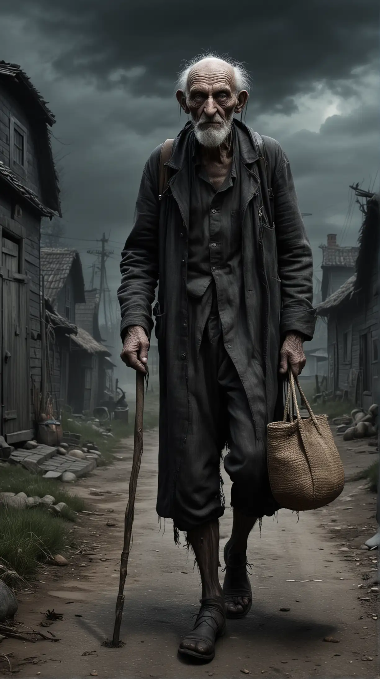male old ugly with one eye Babay in dark horror style, pitch-black, old, crooked man who carries around a bag and cane, man with physical defects, dark scary village houses on background, hyper-realistic, photo-realistic