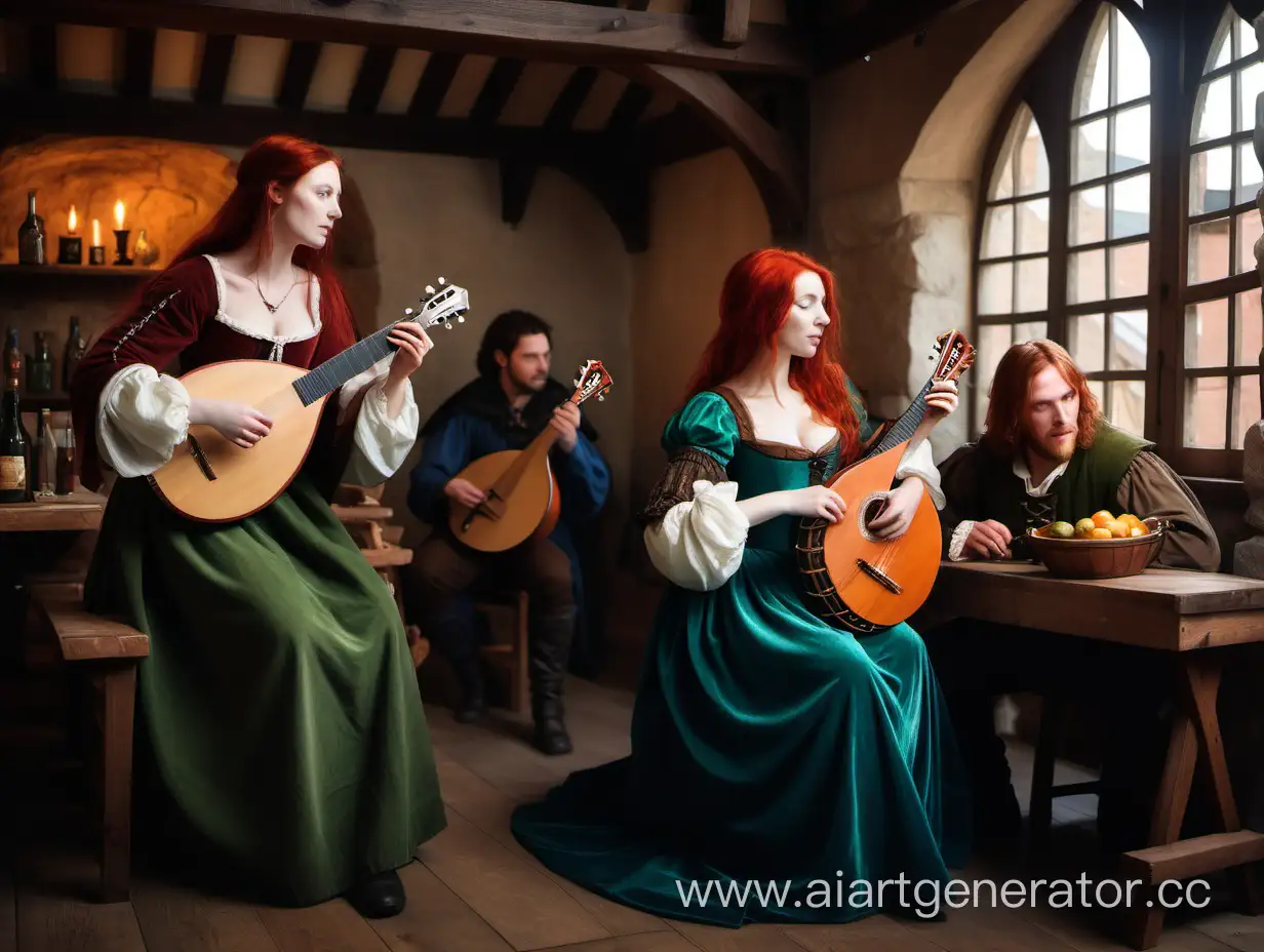 Мужчина с рыжими волосами играет на лютне в таверне, в зелёном плаще, Рядом с ним Женщина с темными каштановыми волосами , в синем платье с корсетом играет на мандолине. В таверне. Средневековый стиль.