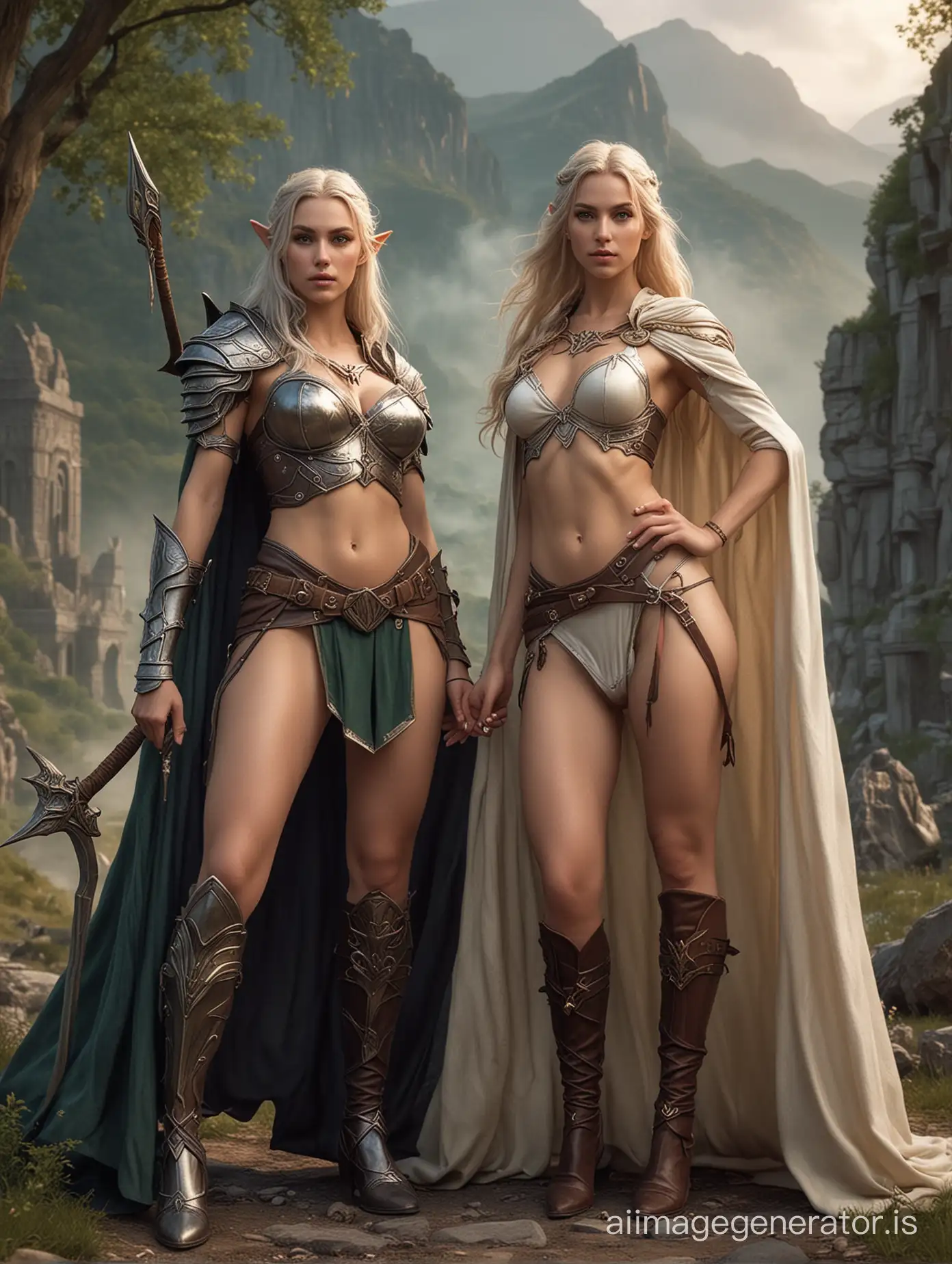 the female elven warrior and her female mage friend. Scantily dressed, fantasy setting. Almost nude. the battlefield behind them. no weapons. wizard wears a cape.