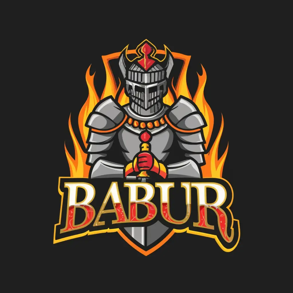 a logo design,with the text "BABUR", main symbol:knight in fire,complex,clear background