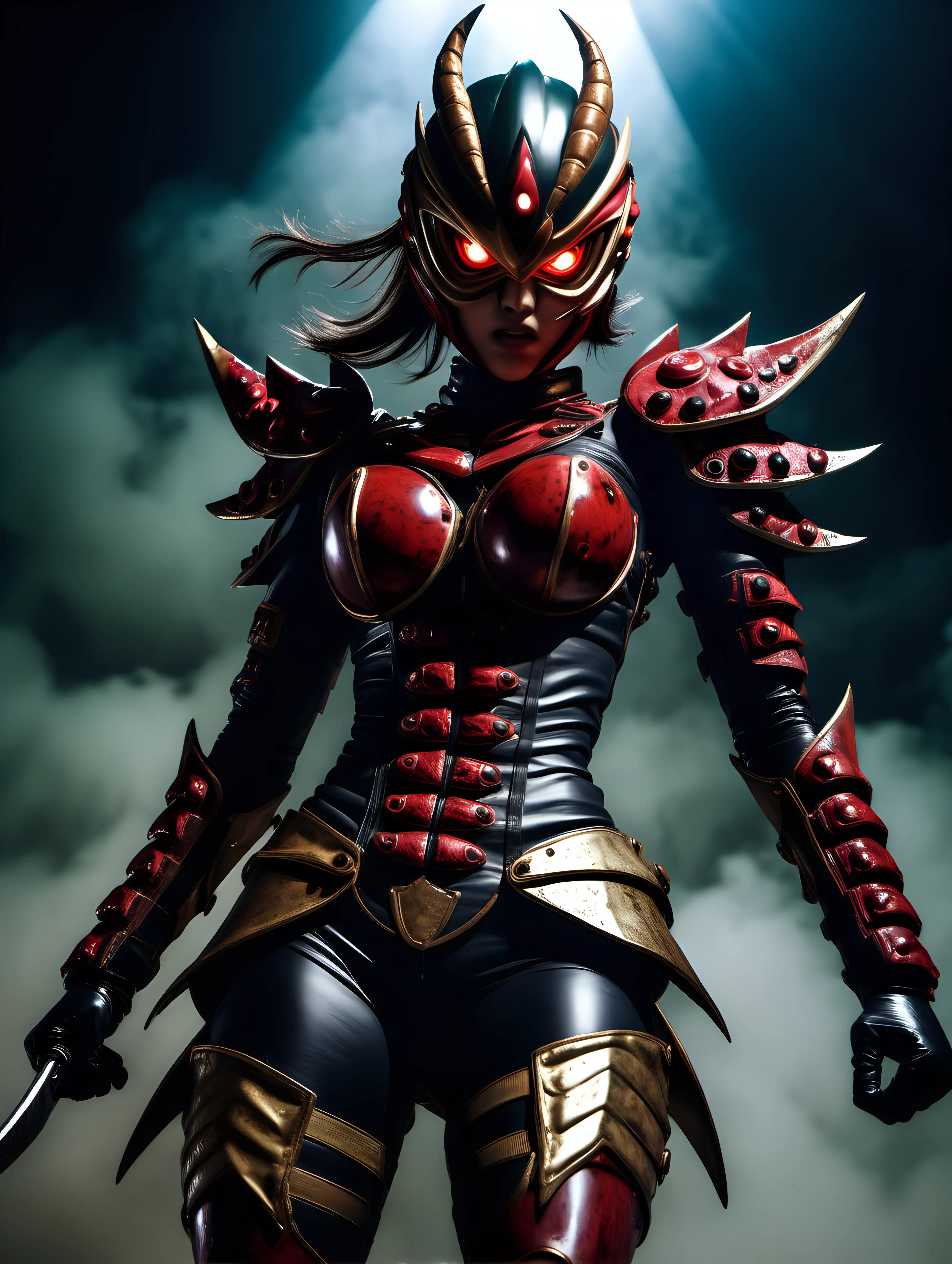 (cinematic lighting), in the world of Kamen Rider Kabuto , 1 voluptuous beautiful warrior women fighting for her life, fierce fight, blood on the body, wearing boots, intricate details, detailed face, detailed eyes, angle from below, hyper realistic photography