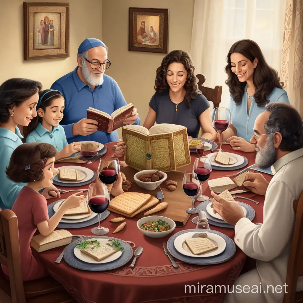 בחג פסח כל המשפחה יושבים ואוכלים ביחד, קוראים את ההגדה ושותים יין
