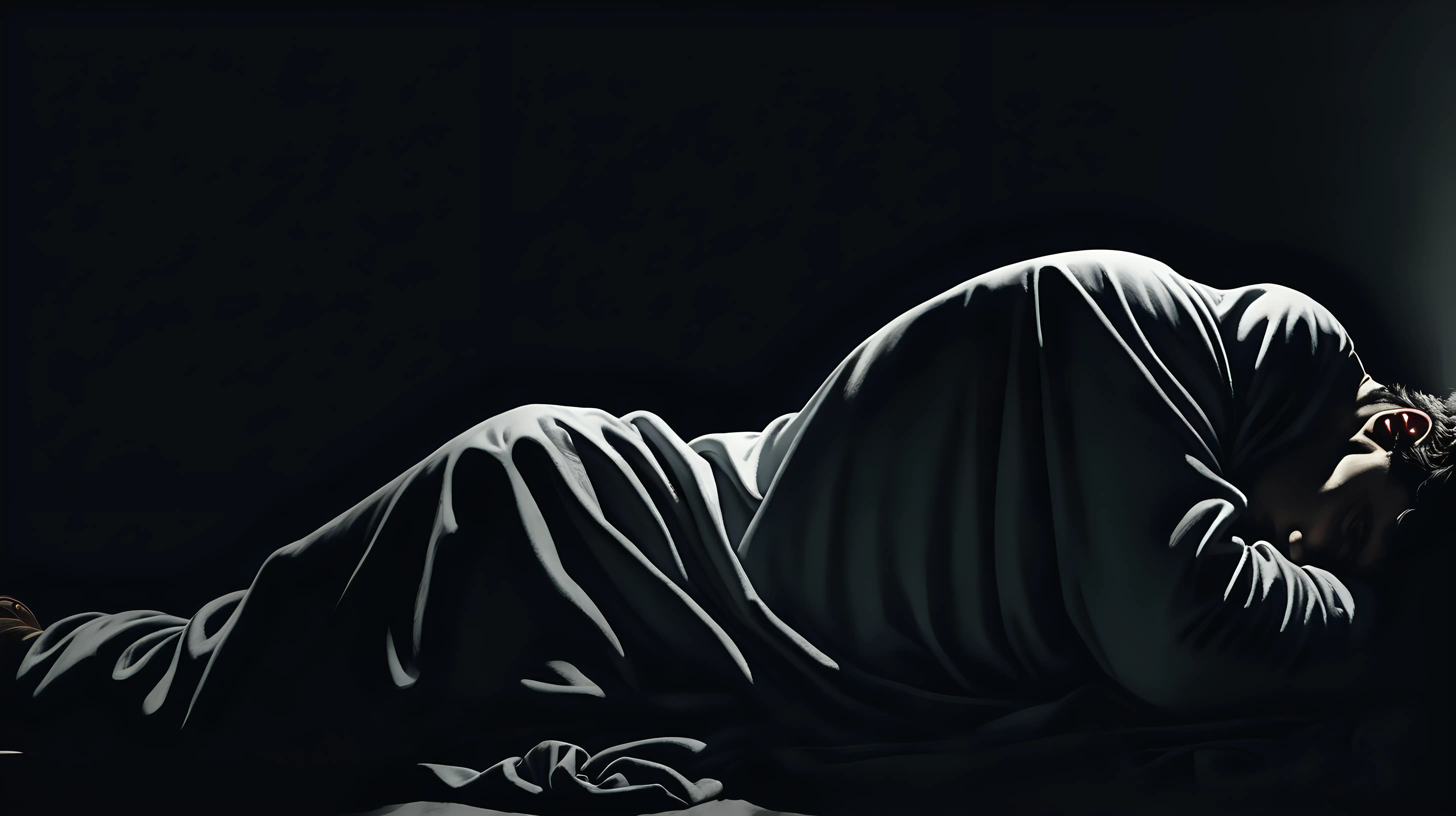 lying down man in darkness covering head with garment 