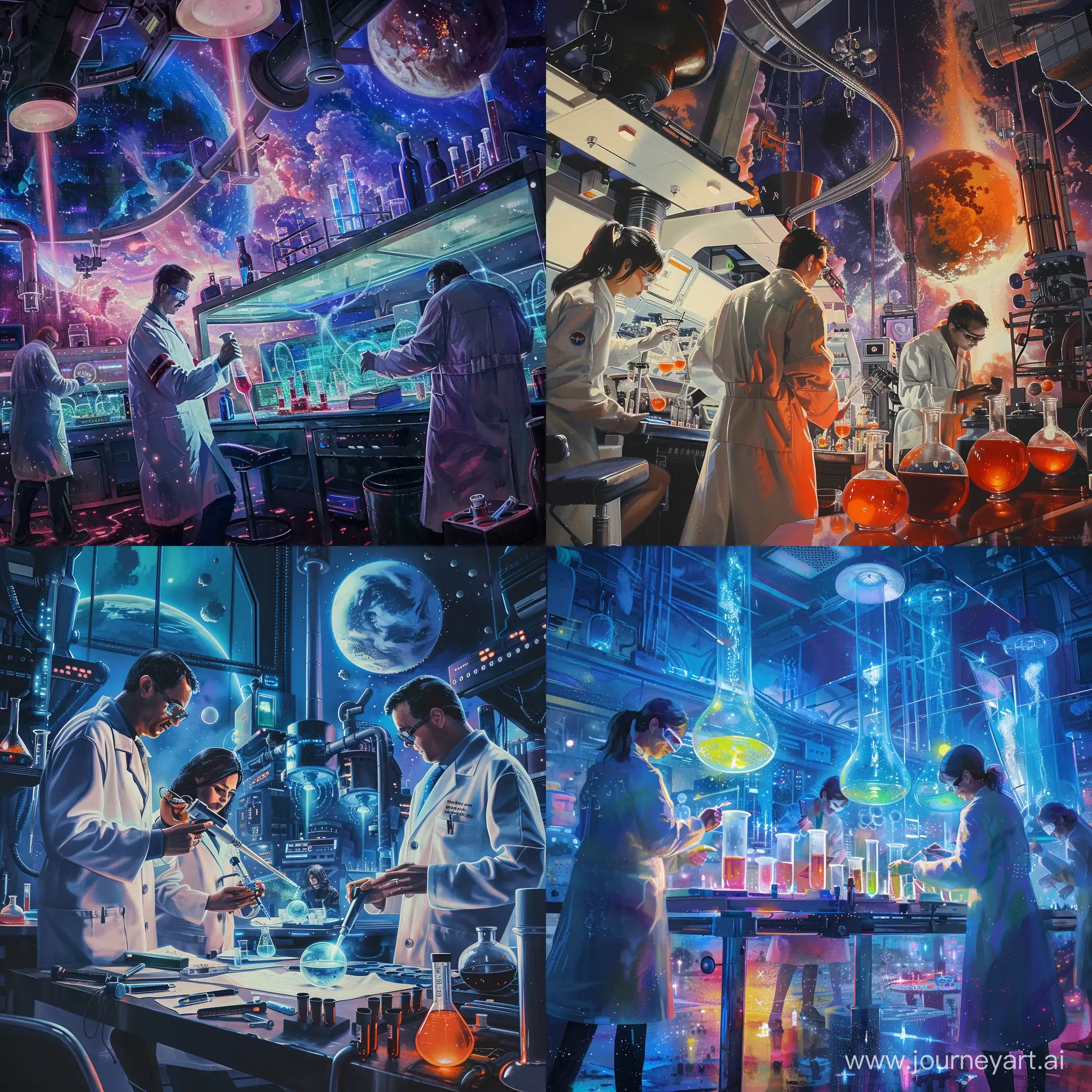  depicting scientists engaged in experiments surrounded by laboratory equipment.
Creative scenes showcasing space exploration, complex biological processes, or advanced technological advances.
A work of art that conveys the excitement and curiosity associated with scientific research, using visual effects to convey the wonder of discovery.