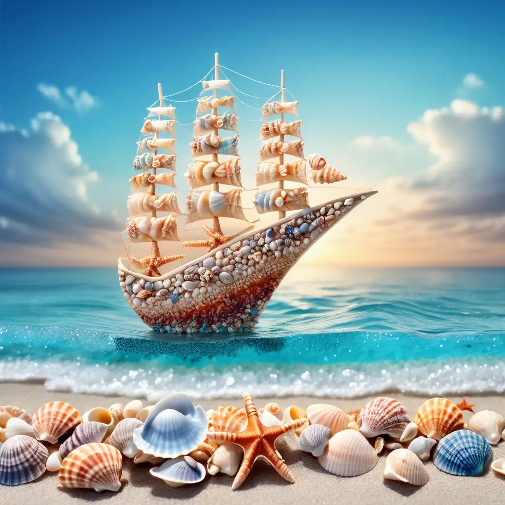 photo of colorful Little Shells forming a [ ship] on background sea and sky, ultra realistic.