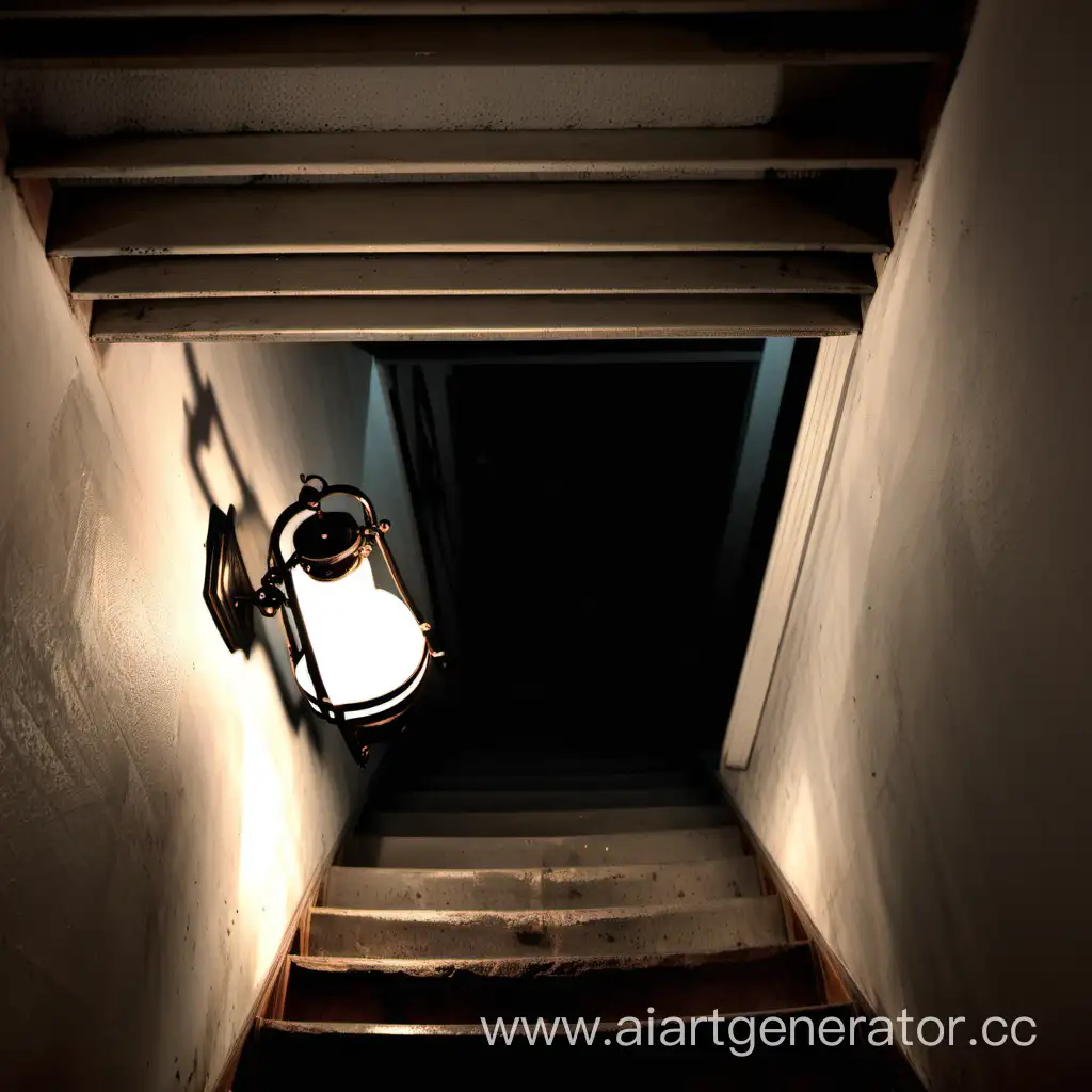 страшный спуск(лестница) в подвал где на стене висит одна лампа, вид с верхнего этажа