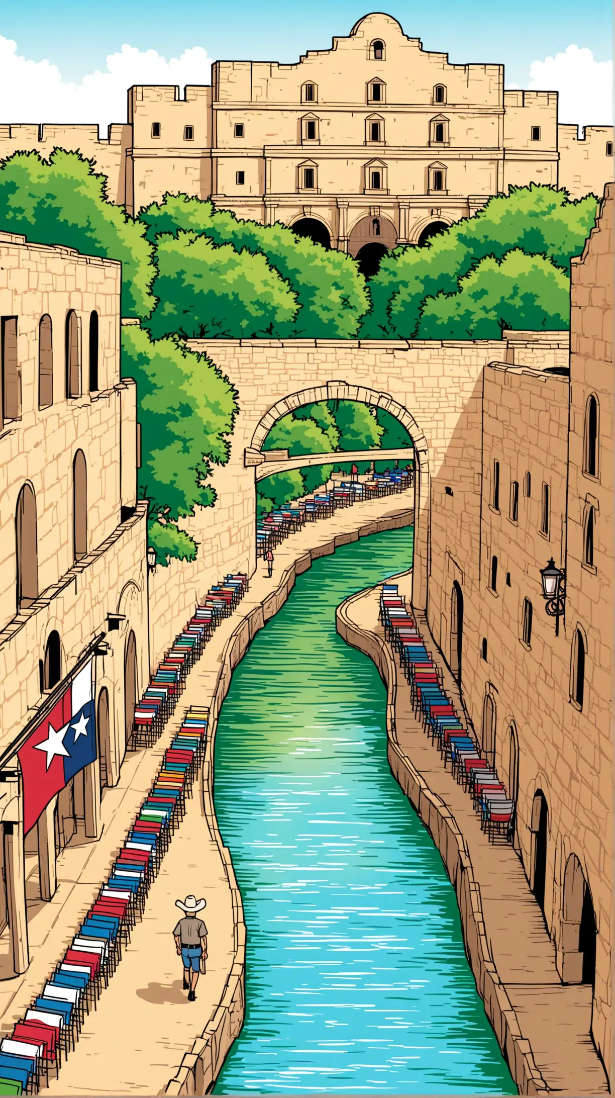 Texas Alamo Riverwalk Flag Cartoon Colorful Illustration of Texas Landmarks and Symbols