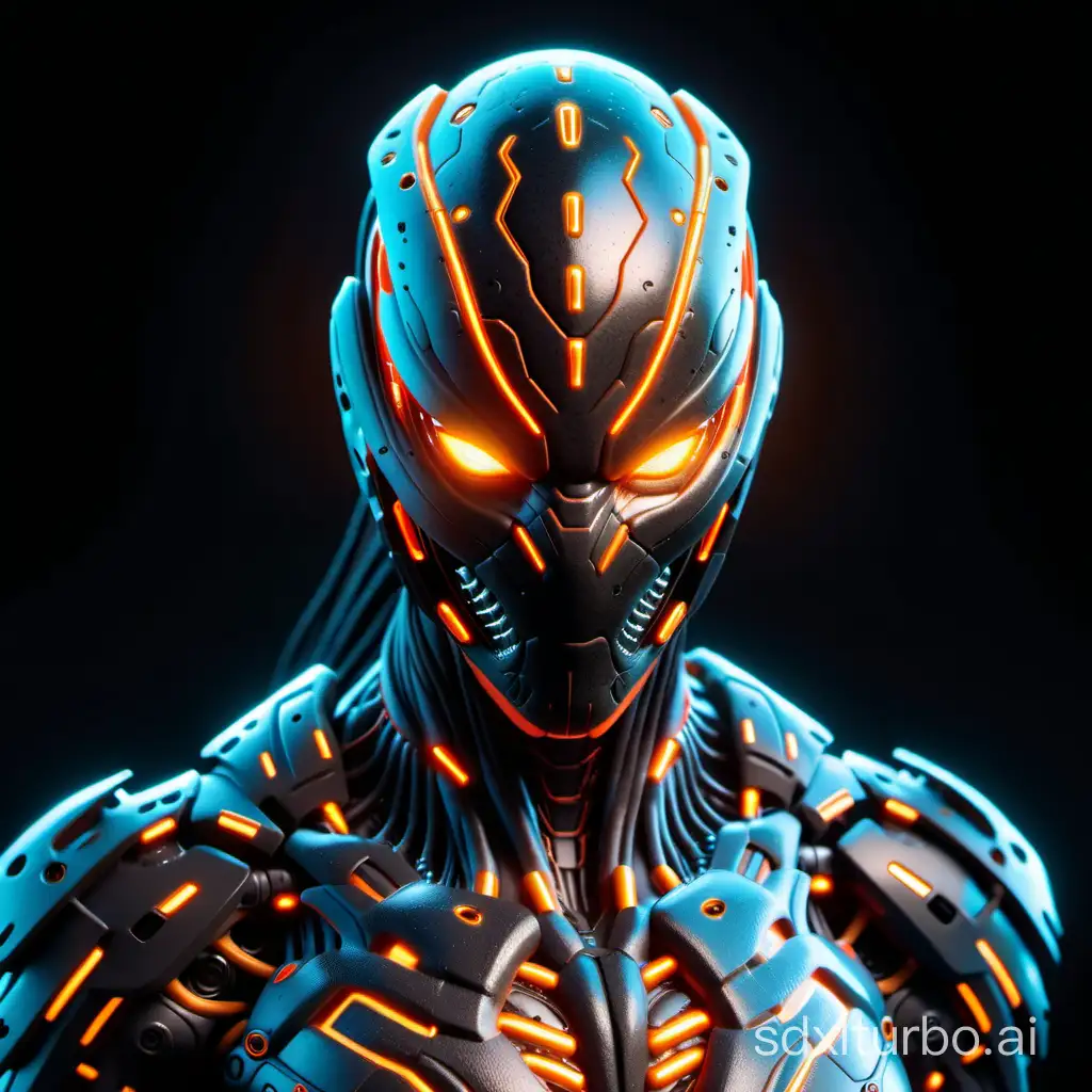 An exotic alien species, glowing set of four realistic neon orange eyes, black skin in the style of organic cybernetics, dominating alpha predator, black cosmic background, 3d realistic render, hdr,  engine