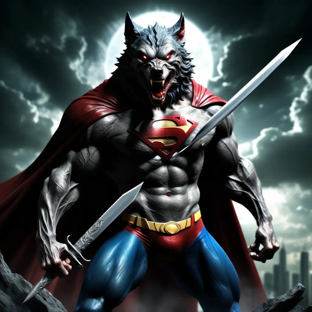 create an evil image of a wolf like beast from hell that looks like superman with a sword stuck in its neck
