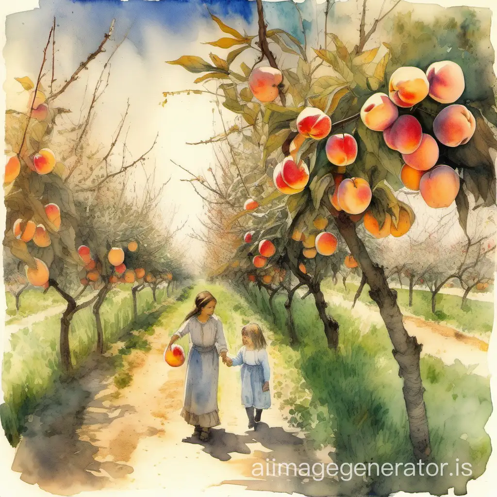 Joyful-Mother-and-Child-Picking-Peaches-in-Vibrant-Watercolor-Orchard-Scene