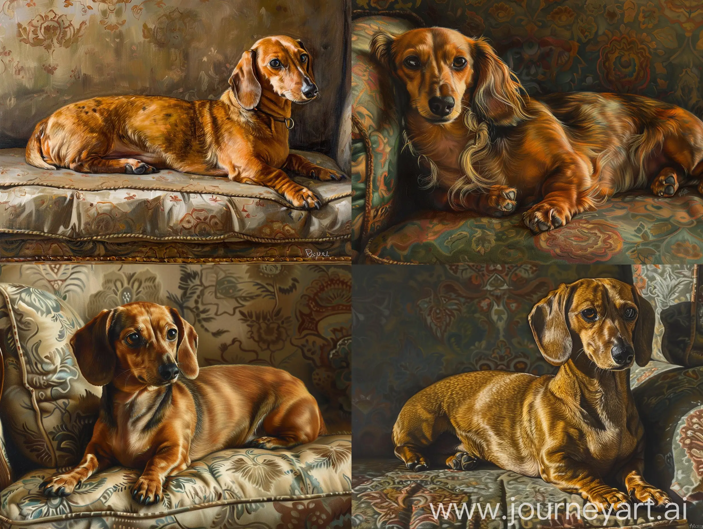 A female dachshund lies sideways on a couch, painting, hd, dramatic lighting, detailed
