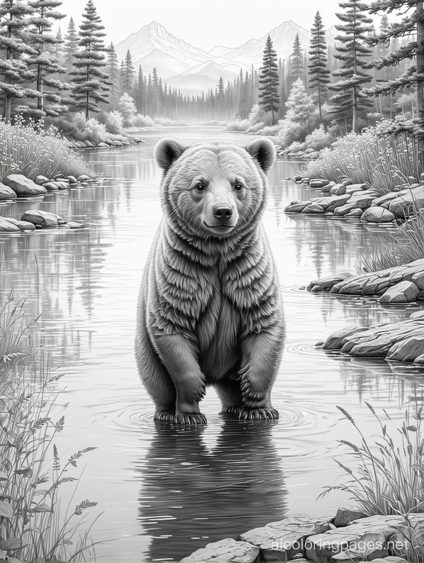 Outline sketch ,realistic little bear cub, elegant , extremely detailed  masterpiece,  crisp quality,  line art ,  lake and trees background, Coloring Page, black and white, line art, white background, Simplicity, Ample White Space. The background of the coloring page is plain white to make it easy for young children to color within the lines. The outlines of all the subjects are easy to distinguish, making it simple for kids to color without too much difficulty