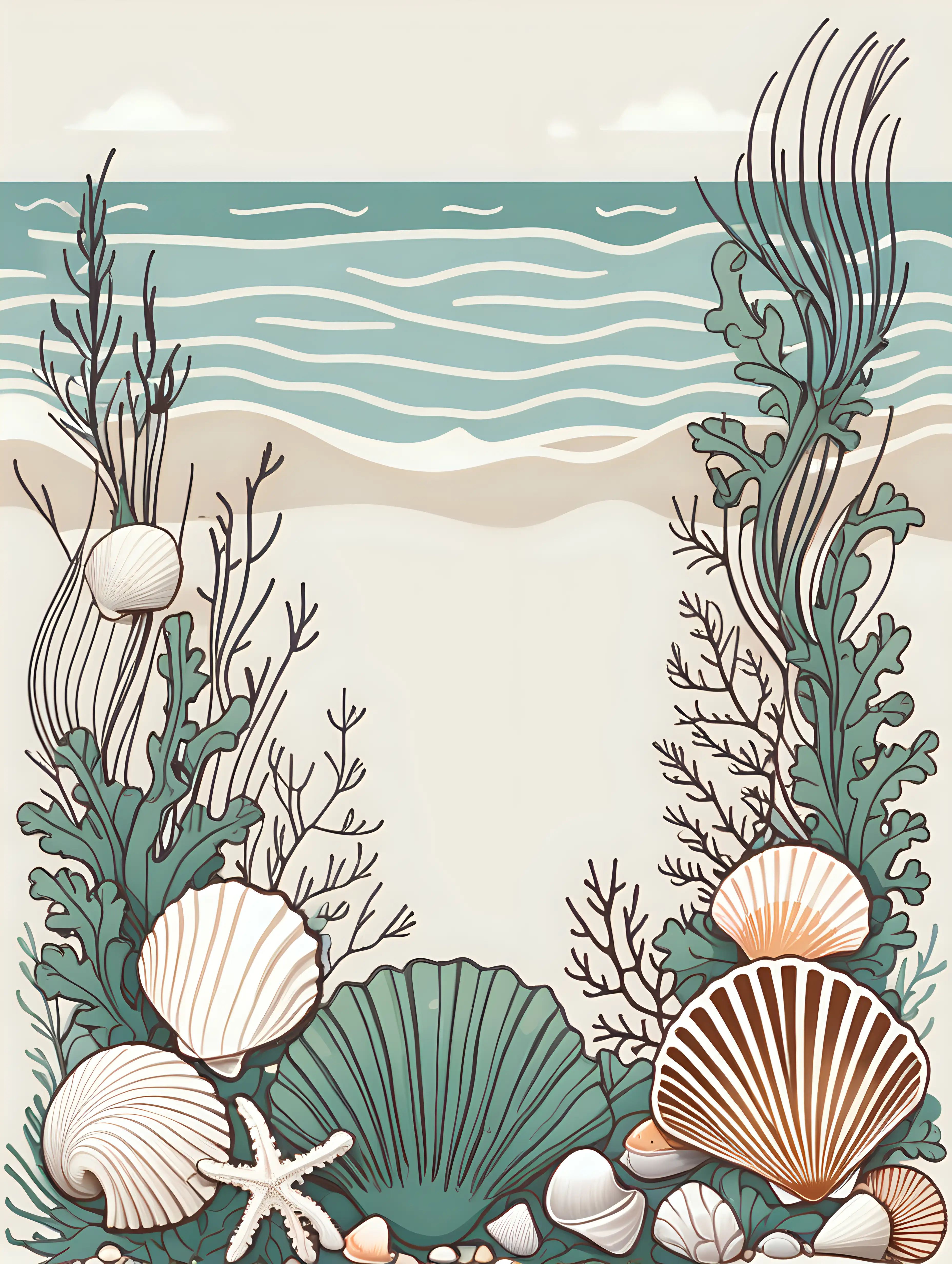 Seaweed and Seashells in Serene Flatline Illustration