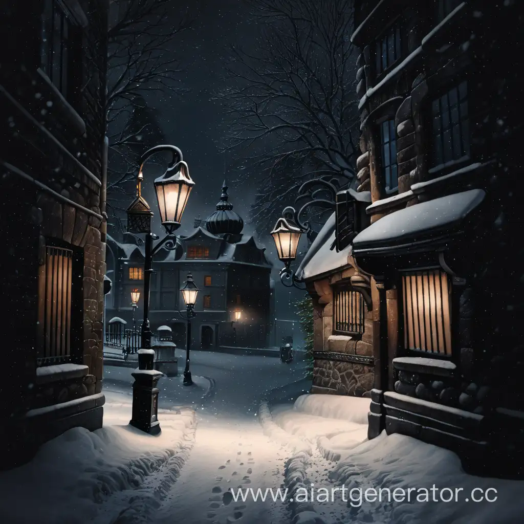 Snowy-Night-Street-Scene-with-Illuminated-Lantern