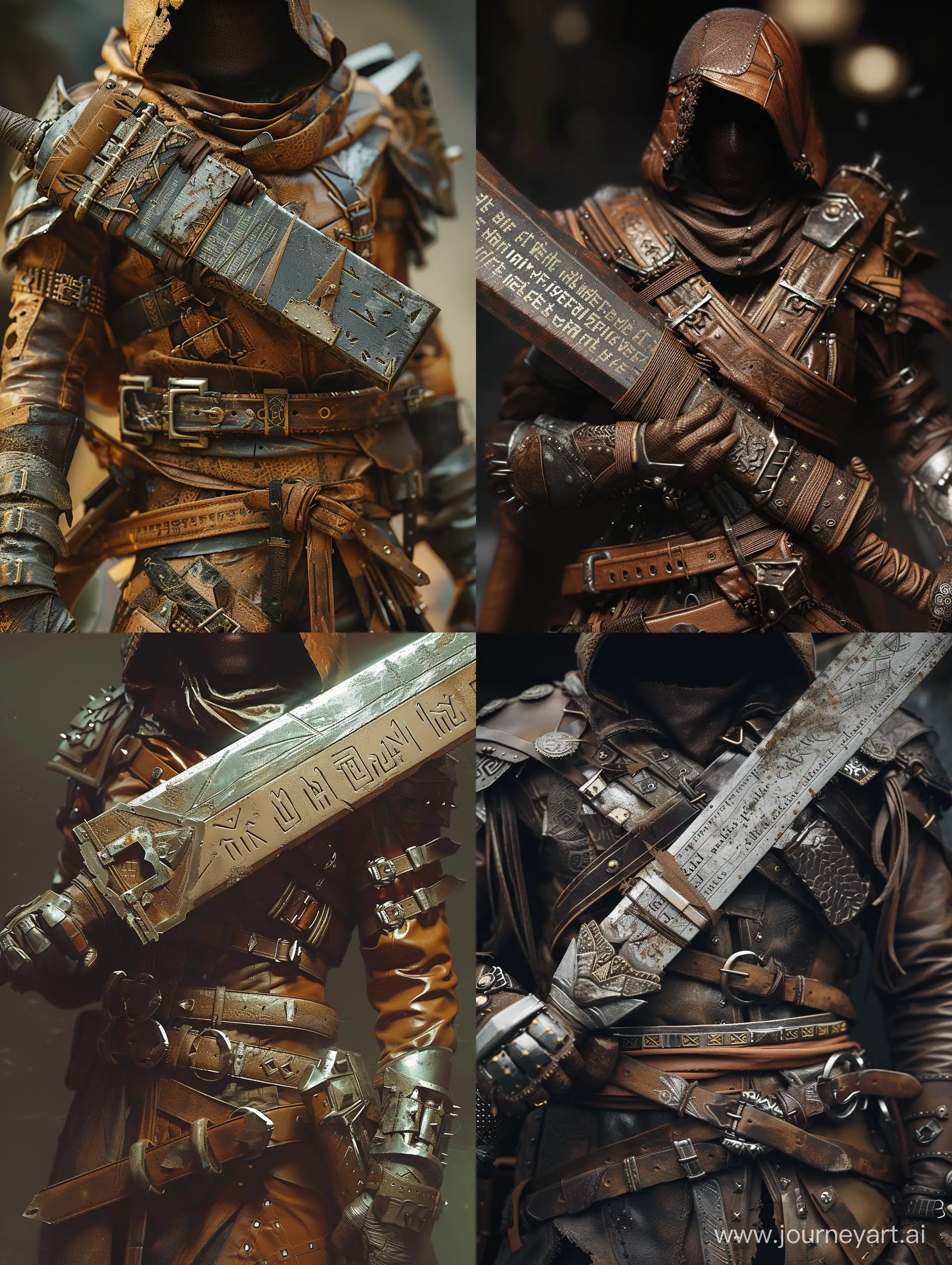 The image depicts a mysterious and formidable figure, clad in intricate leather armor. Their face remains concealed, adding an air of enigma. Here are the key elements:
Attire:
The person wears a leather jacket adorned with metallic accents. Belts wrap around the jacket, suggesting a rugged and battle-ready appearance.
The attire is multi-layered, hinting at complexity and functionality.
Weapon:
The individual brandishes a large sword with inscriptions on its blade. The design implies significance, perhaps even magical properties.
Gloves:
Sturdy gloves with metallic protection cover their hands, suitable for combat scenarios.
The blurred text on the sword remains indecipherable, leaving us to wonder about the character’s backstory and purpose.
