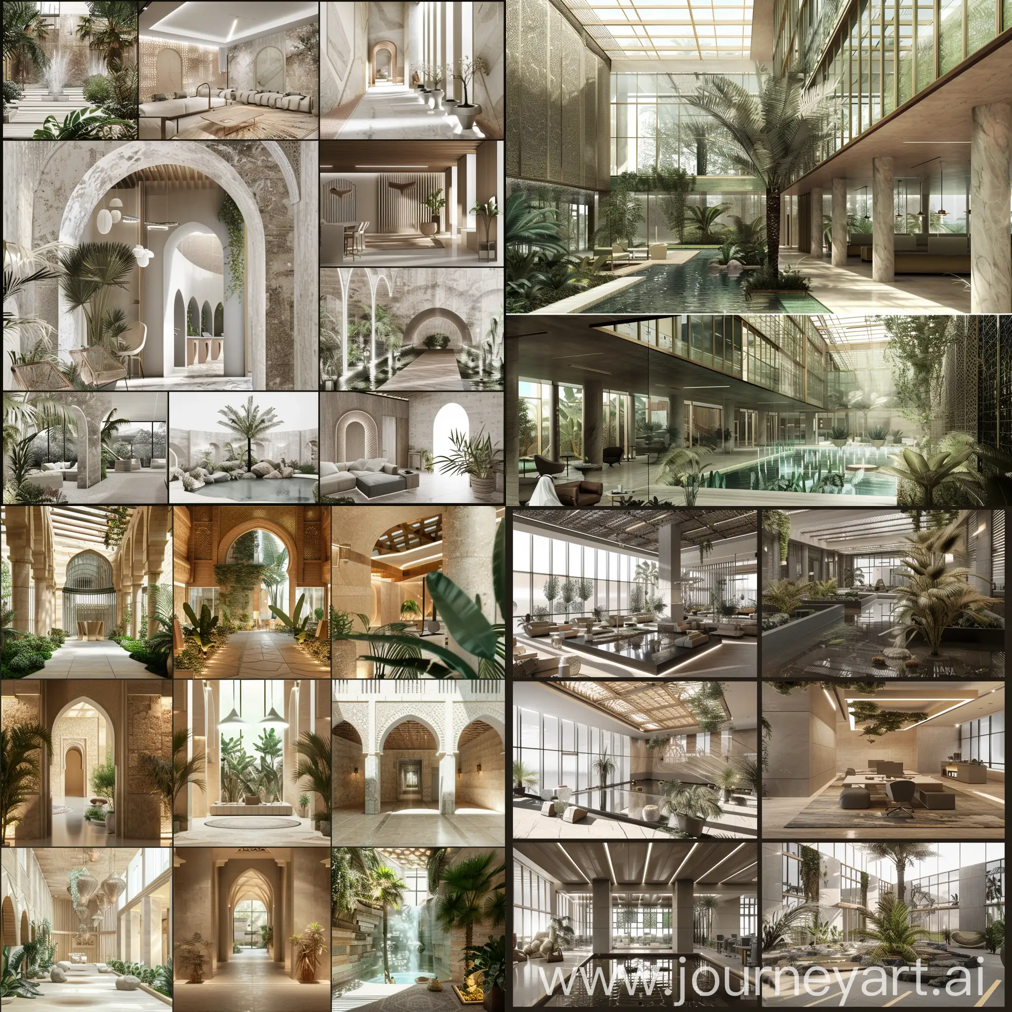 can you generate an interior shots for office building at Saudi Arabia with a concept of reviving KSA heritage with a modern way with an oasis inside the building concept, generate in a mood board 