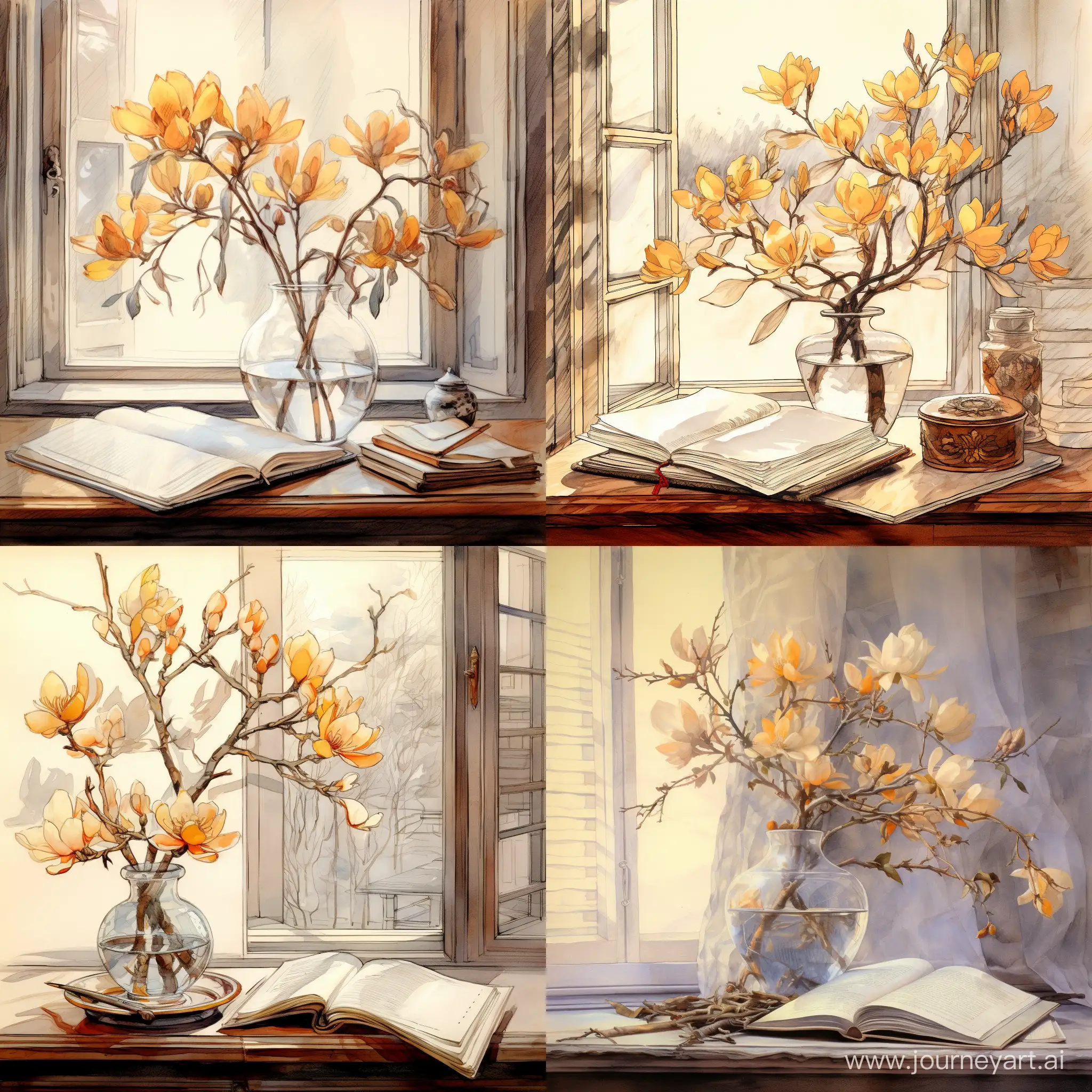 Elegant-Magnolia-Branch-in-Vintage-Library-Sketch-Delicate-Ink-Drawing-with-Play-of-Light-and-Shadow