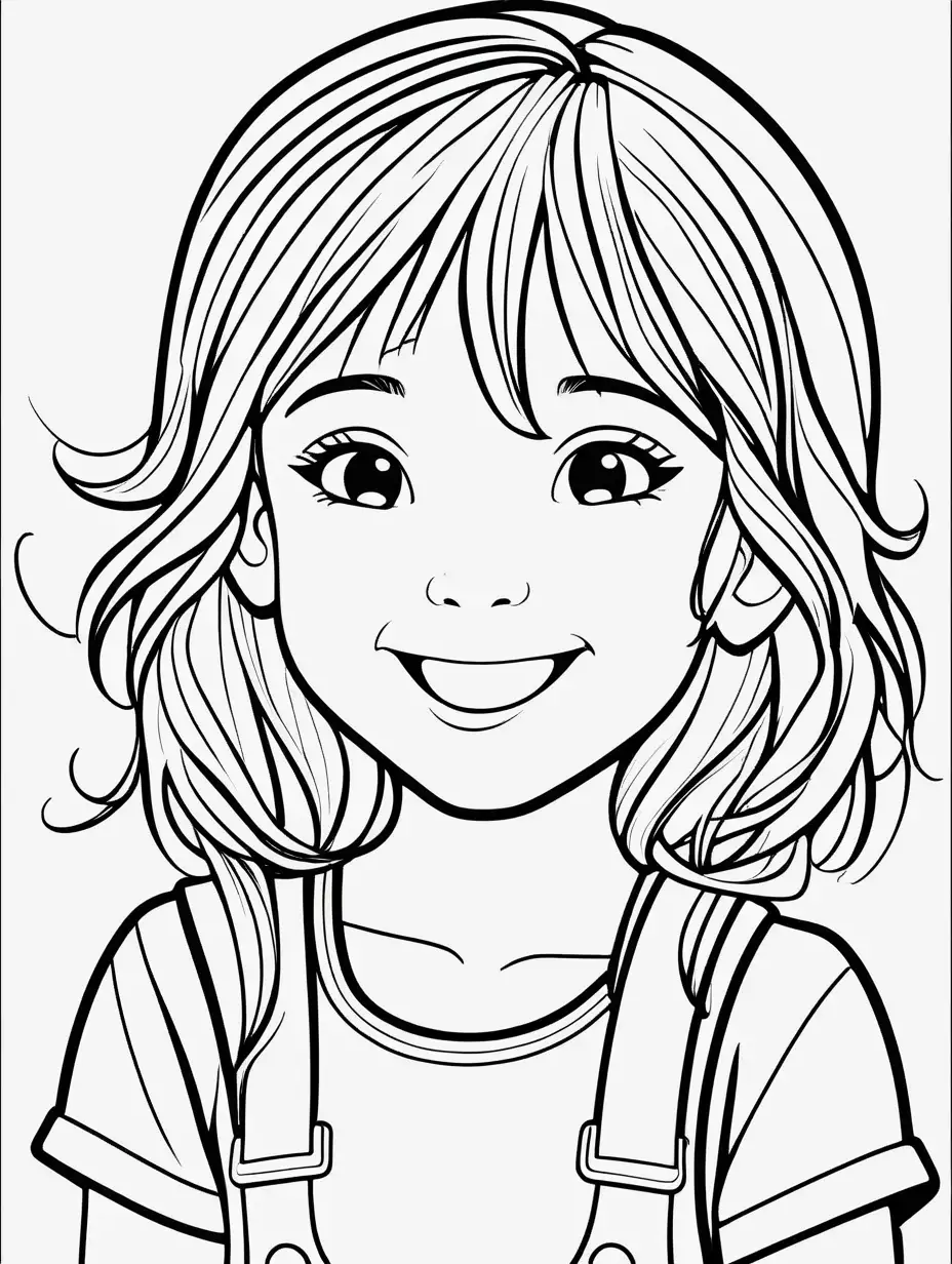Coloring page for kids, cute female children smiling, black lines white Background 