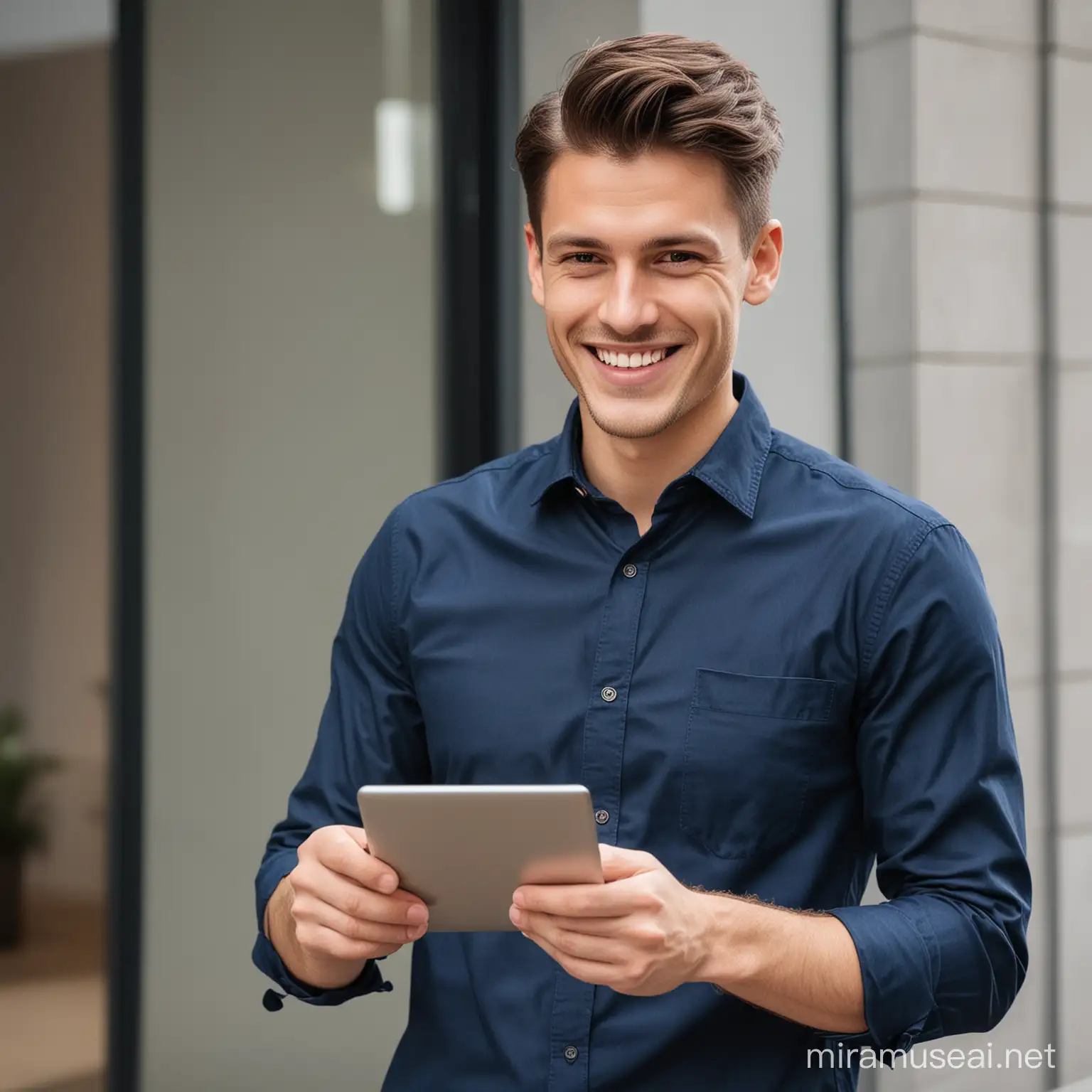 Happy young man wear dark blue Shirt, uses his tab at the end of working outside office