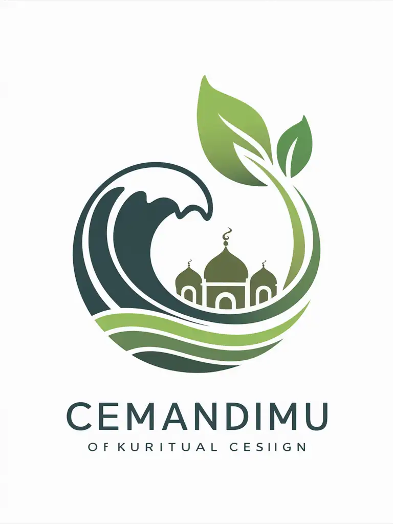 Create a unique logo featuring waves, a mushola, and a green leaf for "CEMANDIMU" highlighting the company’s trustworthiness in musholla untuk umat
