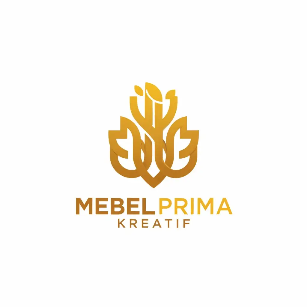 a logo design, with the text 'PT. Mebel Prima Kreatif' color yellow on text, main symbol: Wood, leaf, Minimalistic, clear background